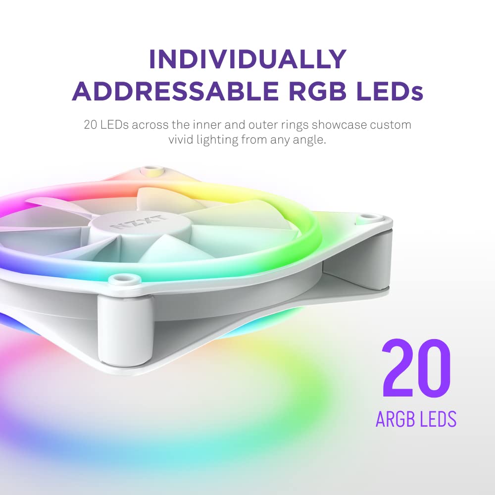 NZXT F140 RGB Duo Twin Pack - 2 x 140mm Dual-Sided RGB PC Cooling Fans with PWM & RGB Controller - 20 Addressable LEDs, Fluid Dynamic Bearing - High Airflow & Static Pressure for Gaming PC, Case Cooling - White (Perfect for PC Builds, Case Mods & RGB Lighting Setups)