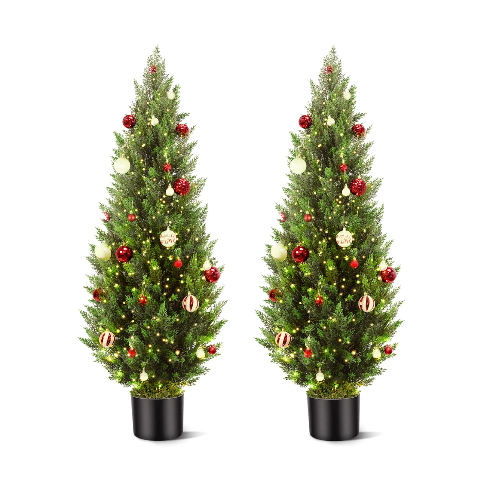 4FT Artificial Christmas Cedar Trees (2 Pack) - LED String Lights & Christmas Ball Decorations, Fake Cypress Topiary Trees for Indoor & Outdoor Holiday Decor - Perfect for Front Door, Living Room, and Festive Home Decorating