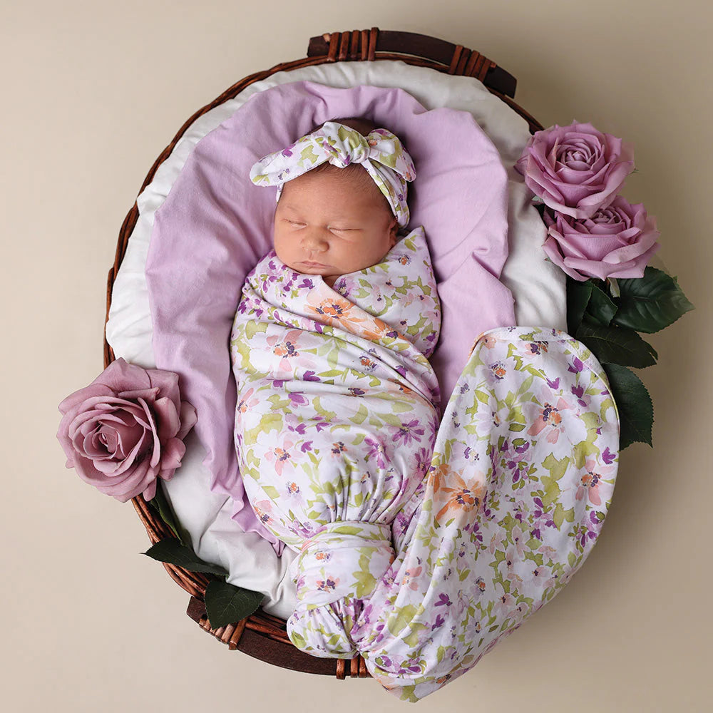 Snuggle Hunny Baby Jersey Wrap & Topknot Set - Soft Cotton Newborn Swaddle & Headband Outfit for Girls - Perfect for Photoshoots, Baby Showers & Gift Giving