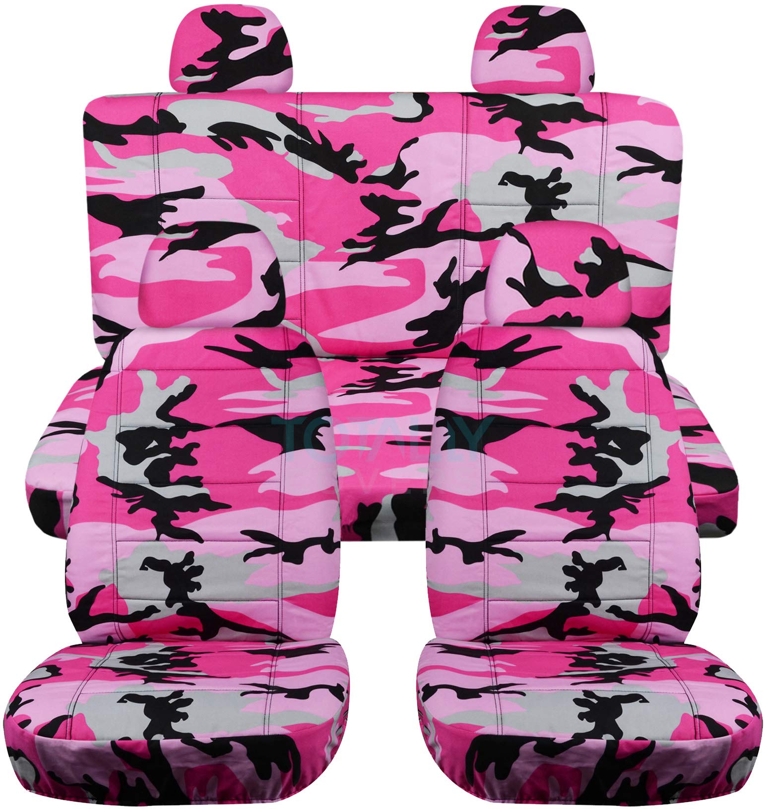 Universal Pink Camo Car Seat Covers Full Set - 4 Headrest Covers (2 Front + 2 Rear) - Bucket & Bench Seats - Airbag/Seat Belt/Armrest/Lever/Split Compatible - Perfect for Trucks, SUVs & Family Vehicles