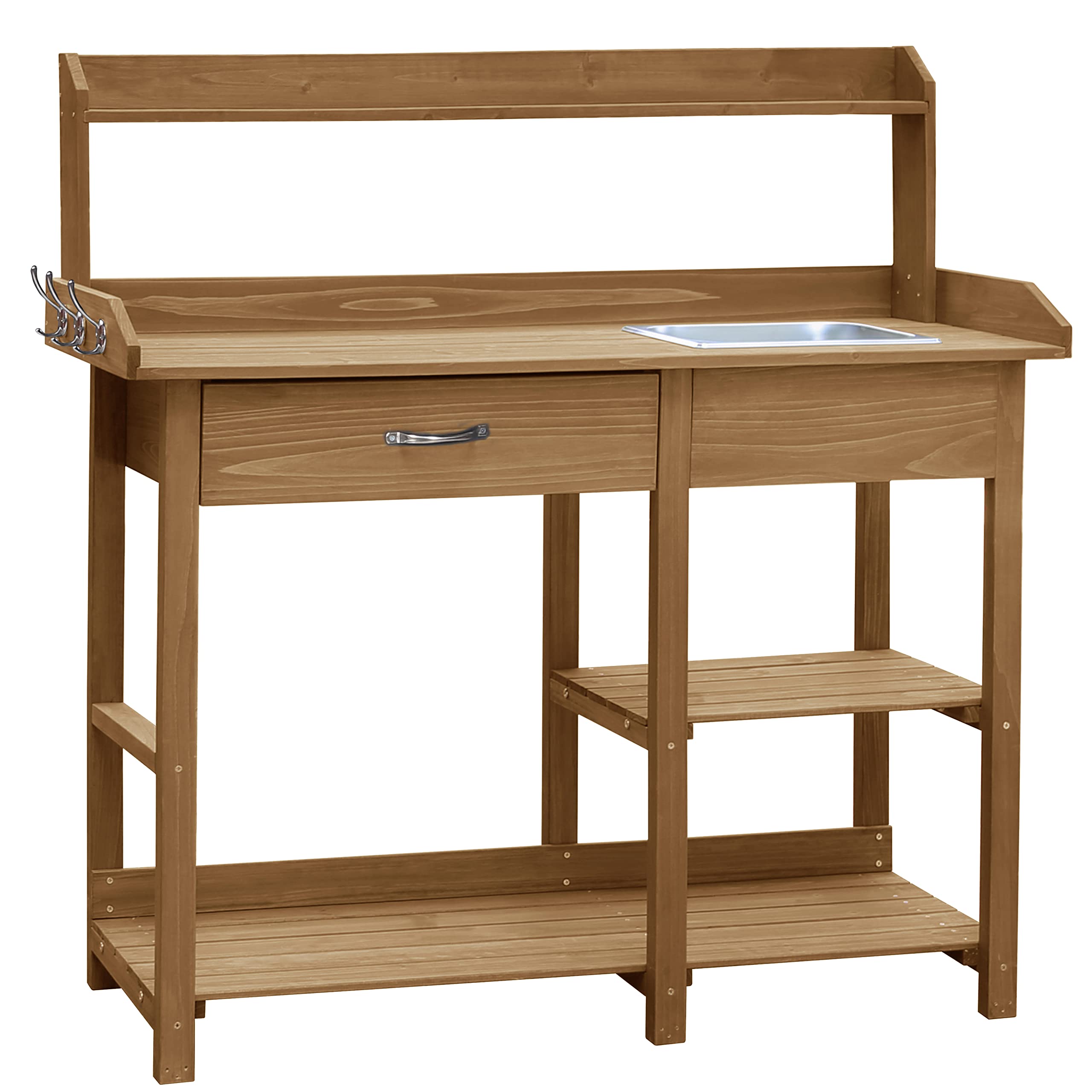 MUPATER Outdoor Potting Bench with Removable Stainless Steel Sink - Heavy Duty Garden Work Table with Storage Shelves & Drawer - Natural Wood Planting Station for Gardening, Potting Plants & Outdoor Decor