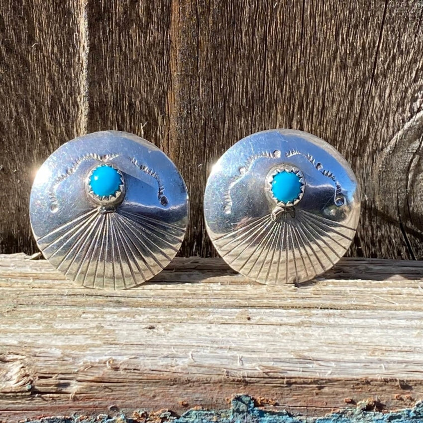 Sterling Silver Turquoise Earrings with Navajo Stamp Design - Handmade Native American Jewelry for Women, Boho Chic Accessories for Everyday Wear & Special Occasions
