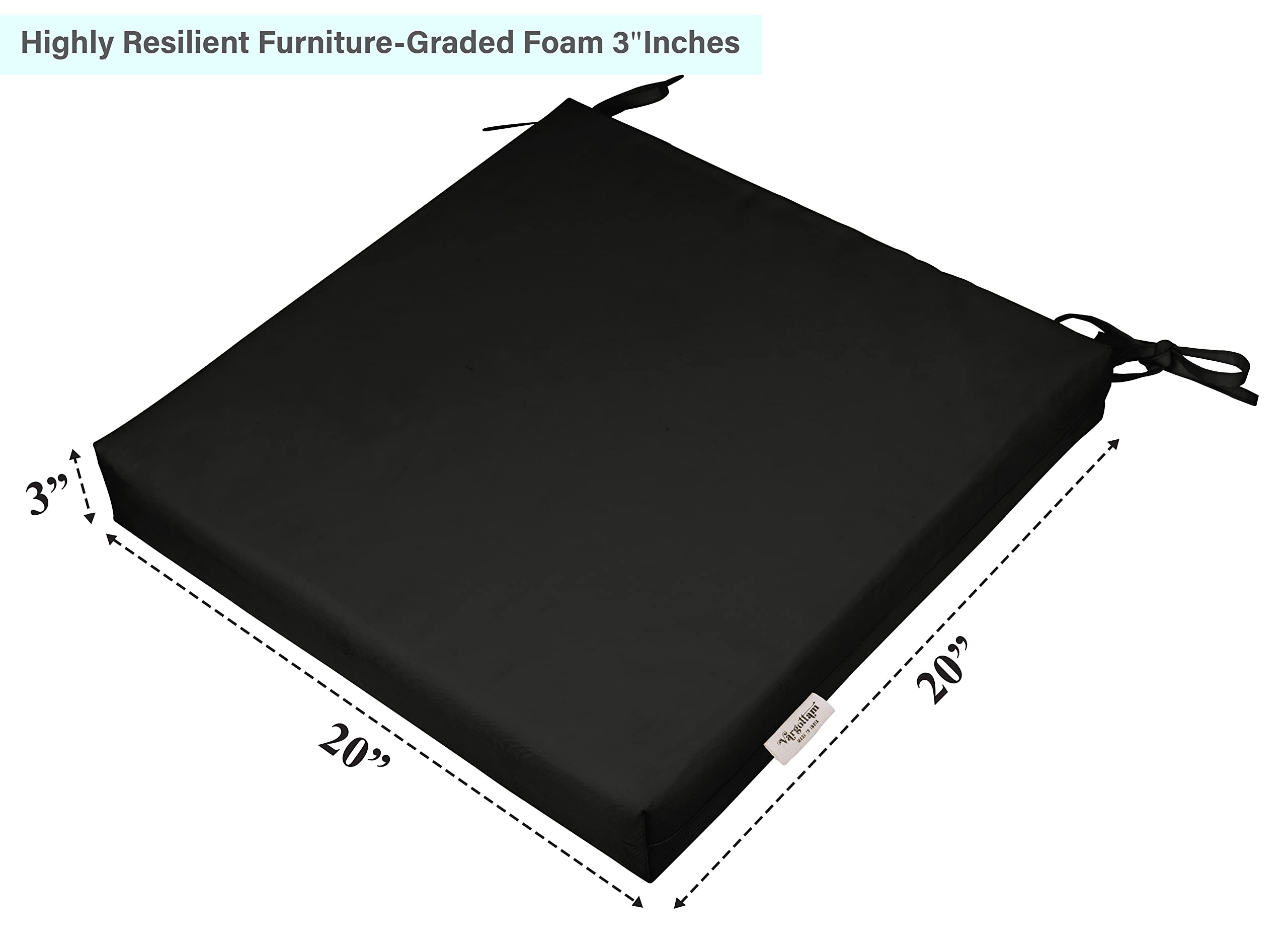 20x20 Inch Indoor/Outdoor Square Chair Cushions with Ties - Set of 2 Black Patio Seat Cushions for Garden Furniture, Deck Chairs & Outdoor Decor - Perfect for Backyard, Poolside and Patio Relaxation