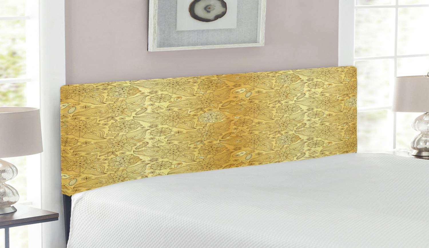 Ambesonne Mandala Headboard - Queen Size Upholstered Decorative Metal Bed Headboard with Memory Foam | Flourish Paisley Botanical Garden Pattern in Yellow & Pale Yellow | Perfect for Bohemian & Persian Style Bedrooms, Guest Rooms & Meditation Spaces