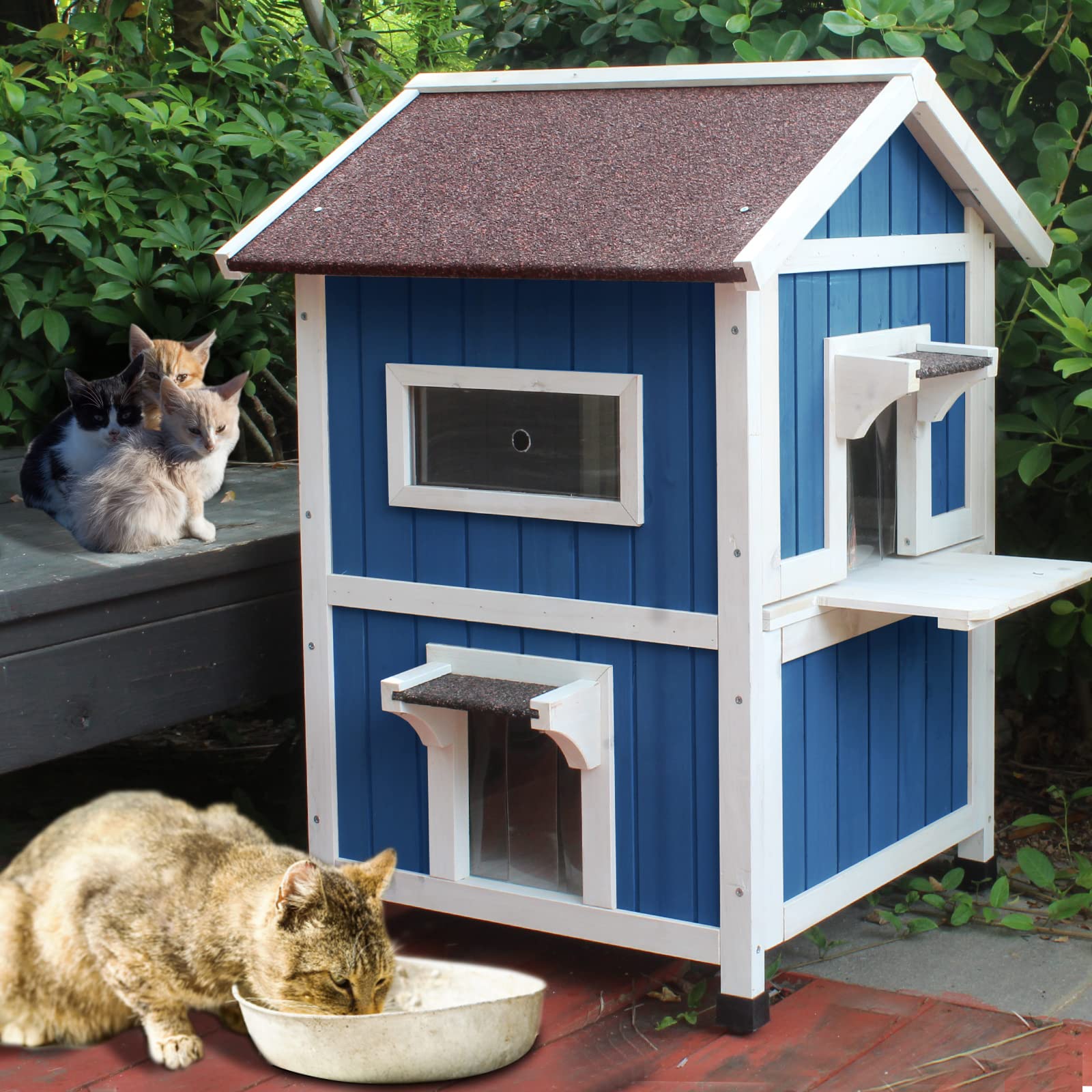 Rockever Weatherproof Outdoor Cat House - Large Wooden Shelter for Feral Cats with Escape Door | Durable Protection for Outdoor, Stray & Backyard Cats in All Seasons