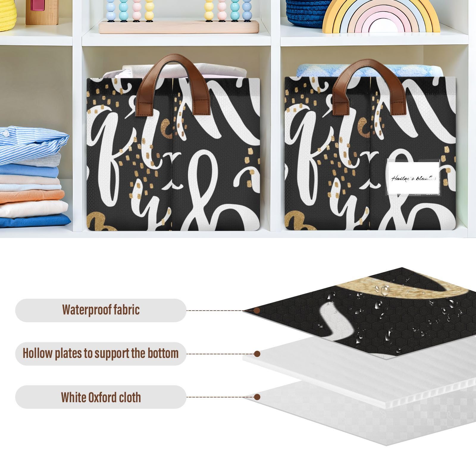 Premium White Gold Letter Fabric Collapsible Storage Baskets - 2 Pack Foldable Organizer Bins with Handles for Laundry, Bedroom & Living Room | Space-Saving Closet Organization & Home Decor Solution