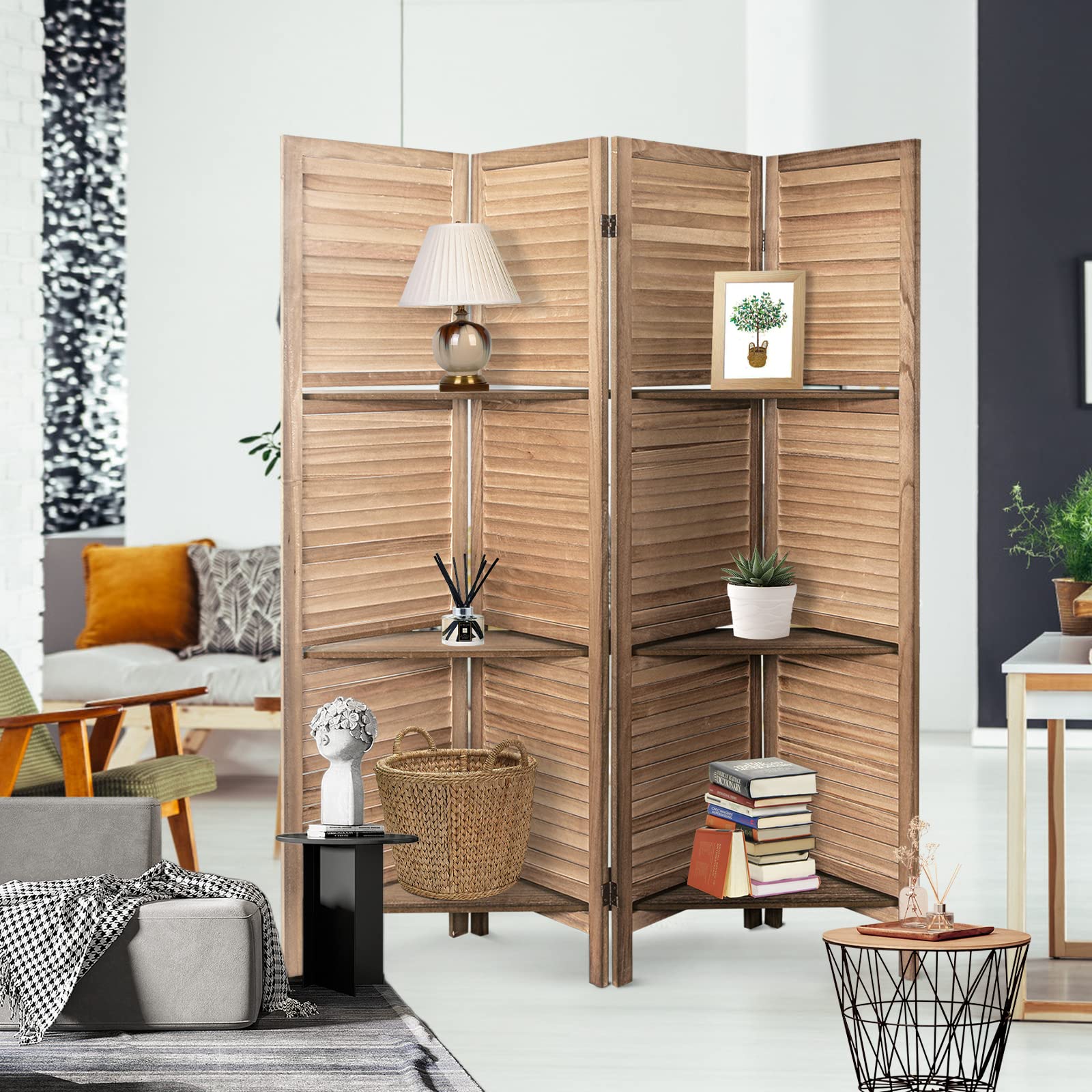 ECOMEX 4 Panel Wood Room Divider Screen - Freestanding Folding Privacy Partition with Shelves for Home & Office (Brown) | Perfect for Living Room, Bedroom, Studio Space Separation & Decoration