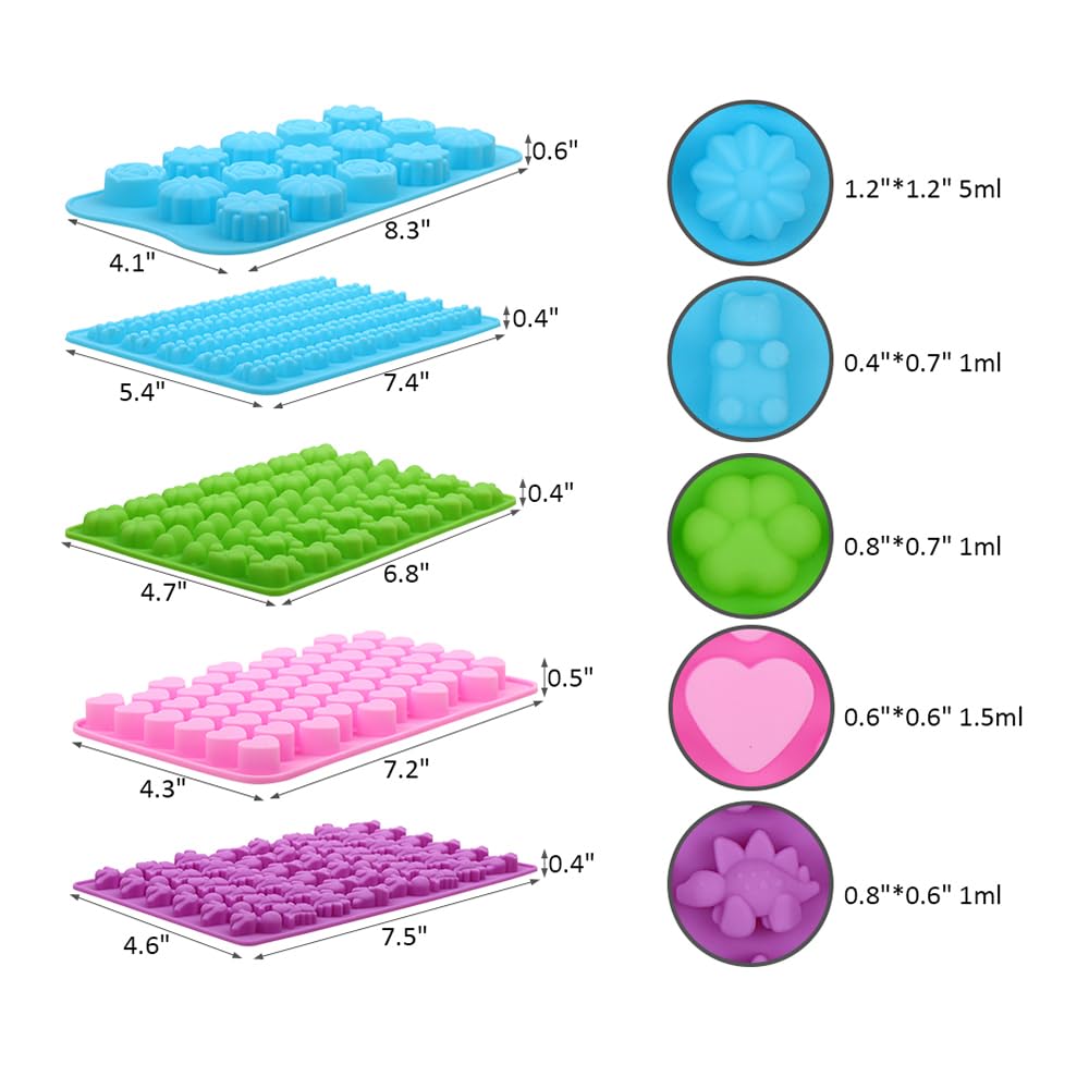 Premium Silicone Candy Molds Set - 5 Pack with 2 Droppers for 210 Gummies (Dinosaurs, Cat Paws, Hearts, Flowers, Bears) - Perfect for DIY Chocolate, Gummy Bears, Cake Decorations & Party Treats