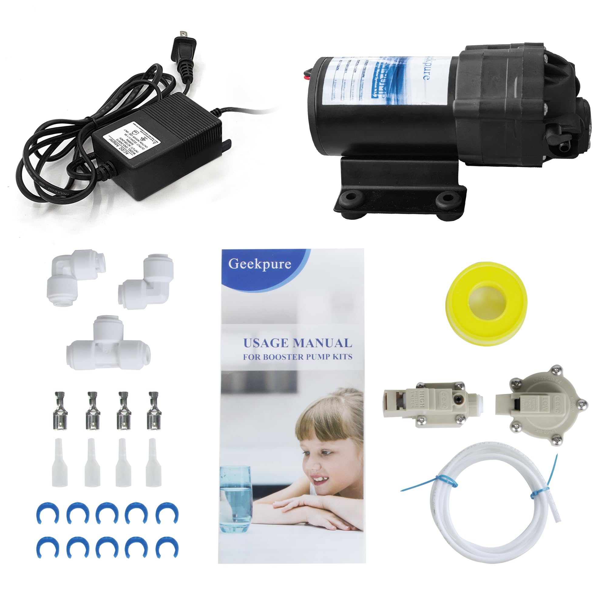 Geekpure Reverse Osmosis Booster Pump Kit with Transformer, High & Low Pressure Switches & Fittings - Compatible with 50-150 GPD RO Systems | Perfect for Home Water Filtration & Under Sink Installation