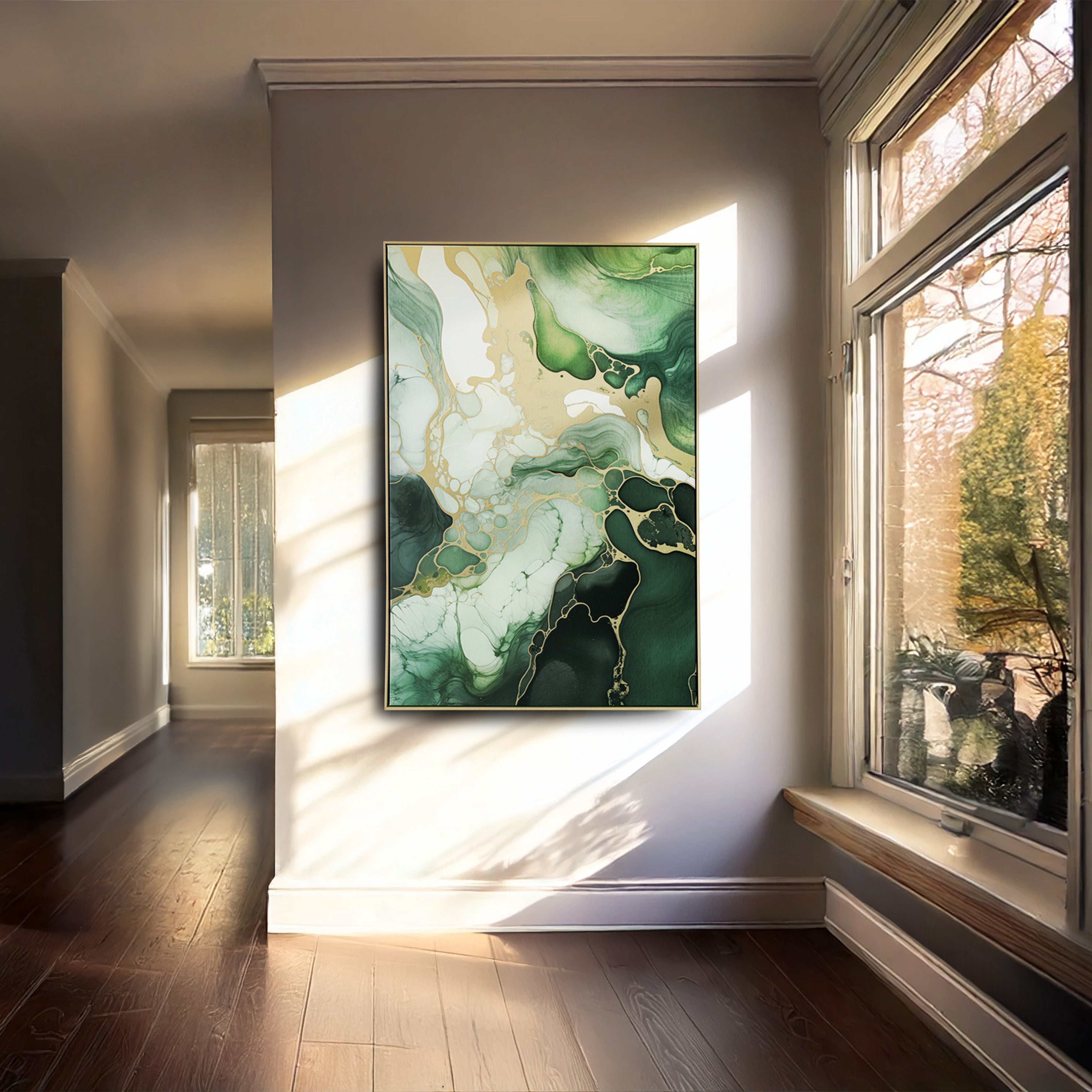 Urban Style Green Marble Foiled Canvas Brushmarks - Elegant Home Decor for Living Room, Bedroom & Office Wall Art
