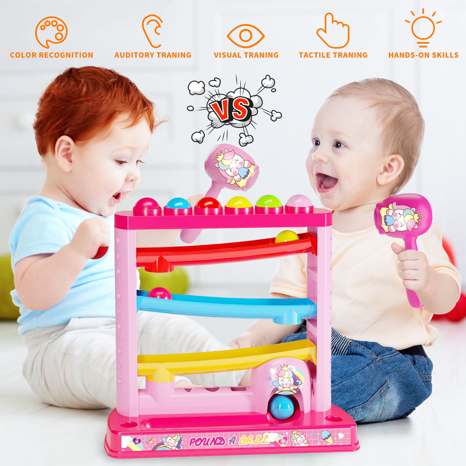 OCHIDO Montessori Toys for 1 2 3 Year Old Kids - Pound A Ball Game with 2 Hammers & 12 Balls - Early Learning Educational Toys for Toddlers - Perfect Gift for Girls & Boys - Great for Sensory Play, Hand-Eye Coordination & Preschool Learning