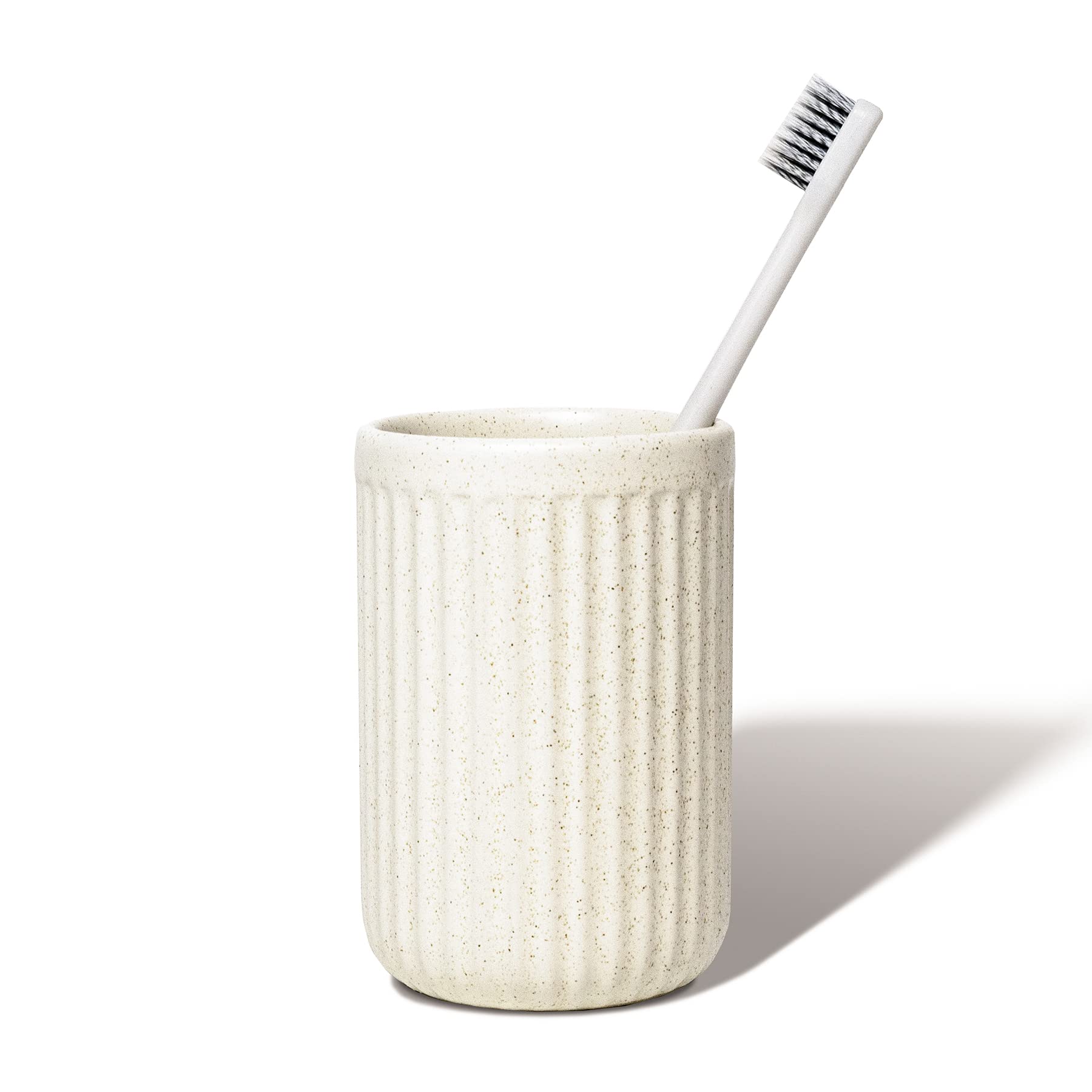 Beige Speckled Ceramic Toothbrush & Makeup Brush Holder for Bathroom Countertop Organization