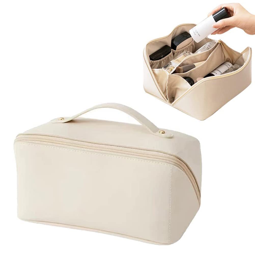 Premium Large Leather Makeup Bag for Women - Waterproof Travel Cosmetic Organizer with Handle & Dividers - Roomy Makeup Pouch for Girls | Perfect for Travel, Gym, Daily Use & Gift Giving
