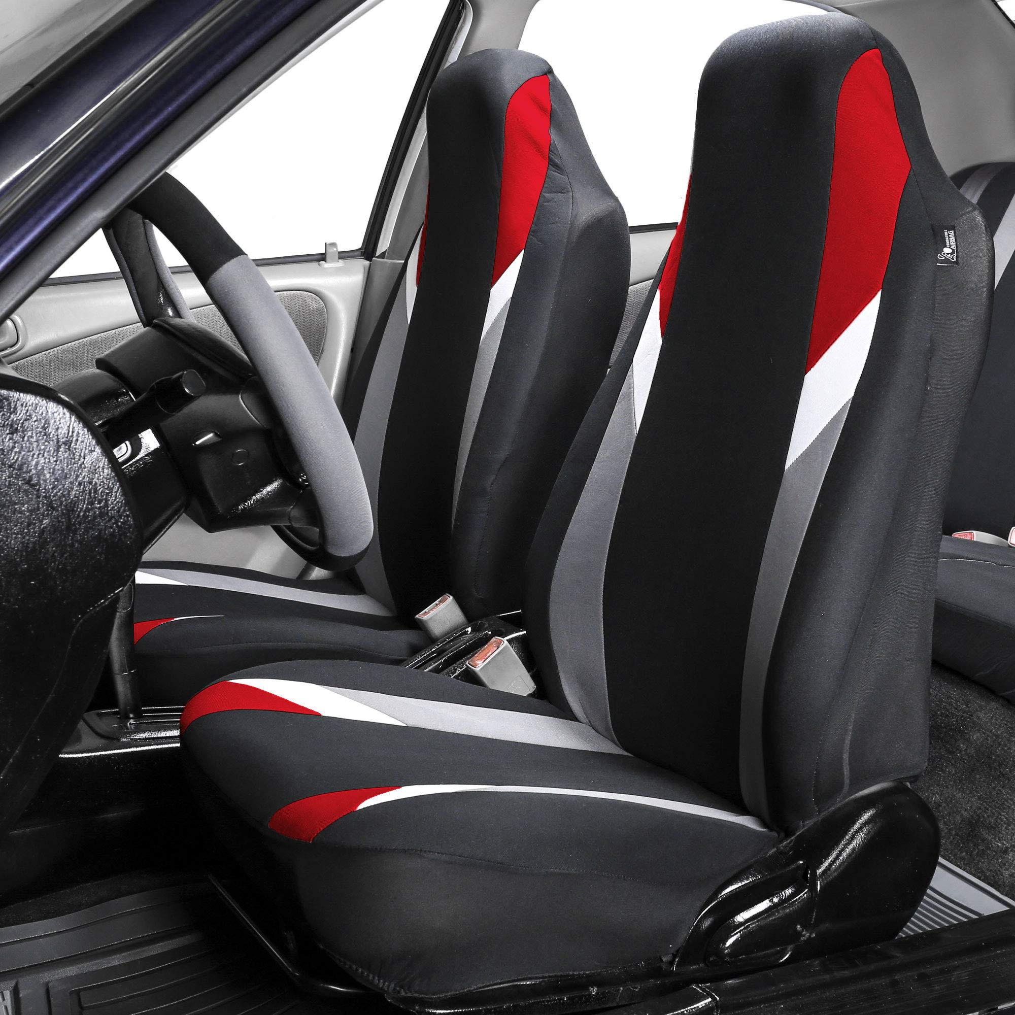 FH Group Universal Fit Automotive Seat Covers - Supreme Modernistic Red 1-Piece Front & Split Bench Rear Set | Airbag Compatible for SUV, Sedan, Truck | Durable Protection for Commuting, Road Trips & Family Vehicles