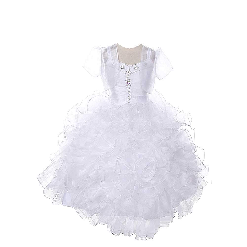White Rose Ruffled Corset Organza Pageant Dress for Girls - Elegant Flower Girl Dress for Weddings, Parties & Special Occasions