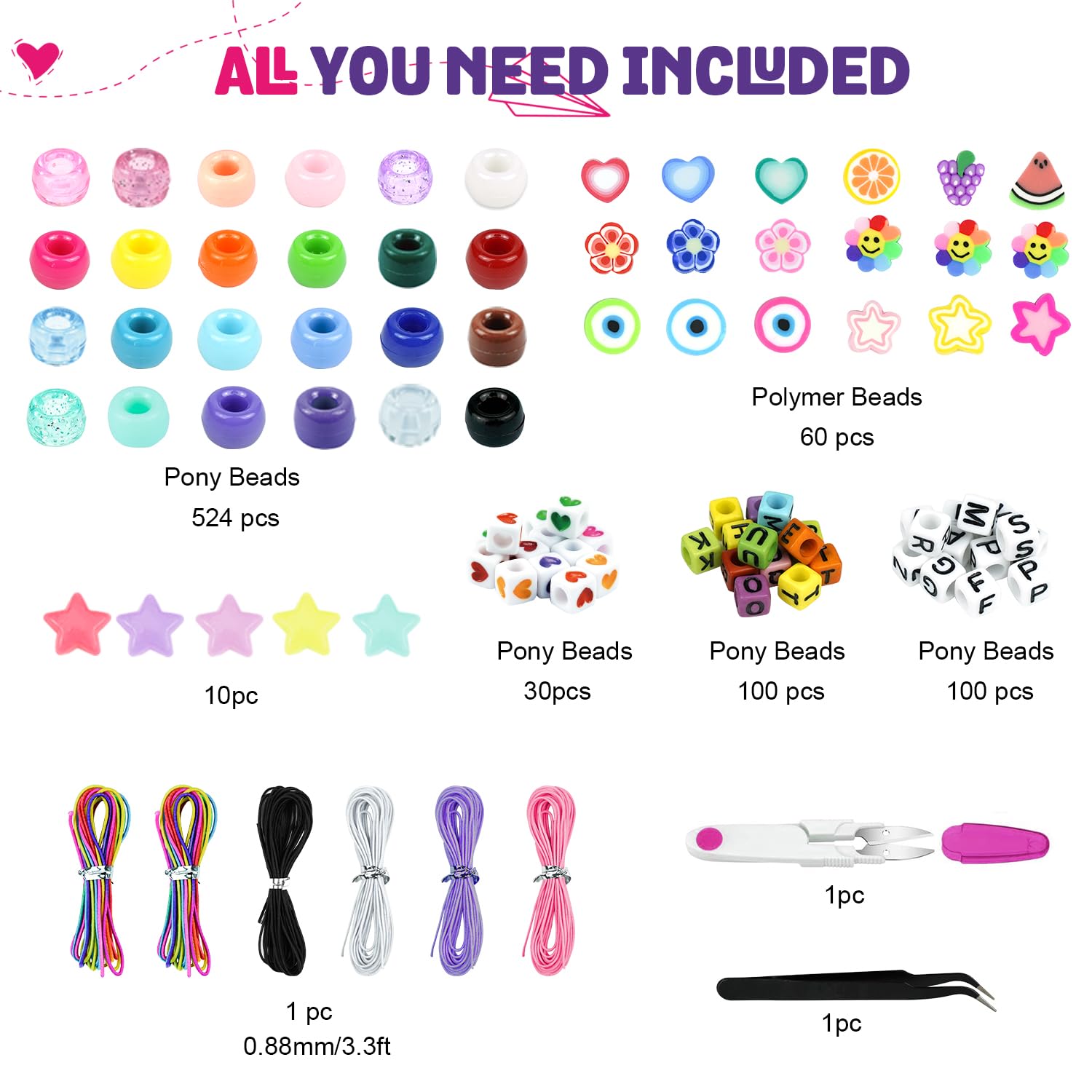 Gionlion Friendship Bracelet Kit - 24 Color Pony Beads, Letter Beads, Polymer Clay Beads & Charms for DIY Jewelry Making, Perfect DIY Craft Gifts for Girls Ages 6-12 - Great for Birthday Parties, Summer Camp Activities, and Creative Gift Ideas