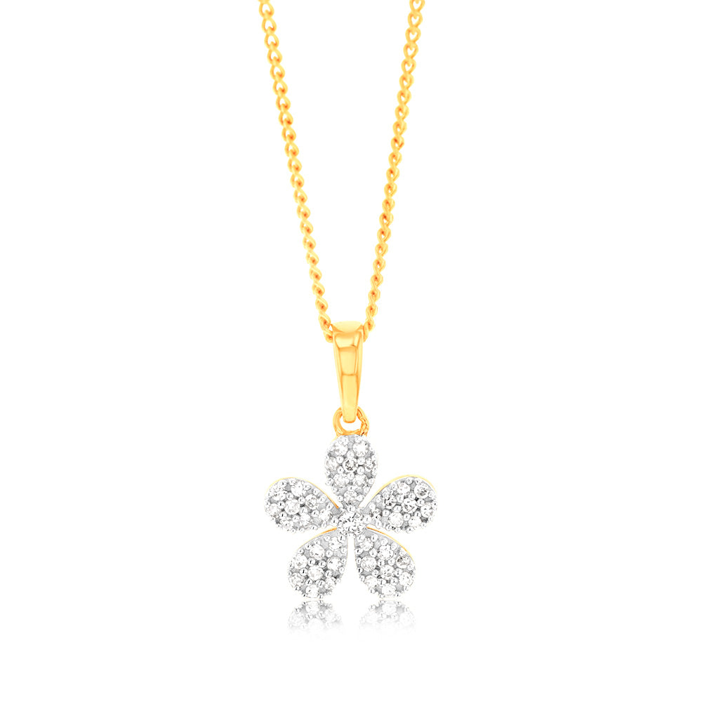 1/10 Carat Diamond Flower Pendant Necklace in 9K Yellow Gold - Elegant Jewelry Gift for Women, Perfect for Valentine's Day & Anniversary Celebrations