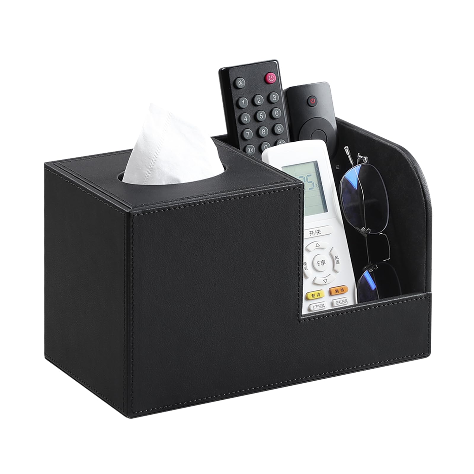 Premium PU Leather Square Tissue Box Cover with Organizer - 2 Compartment Remote Control Holder for Living Room & Bedroom (Black) | Stylish Home Decor & Practical Storage Solution