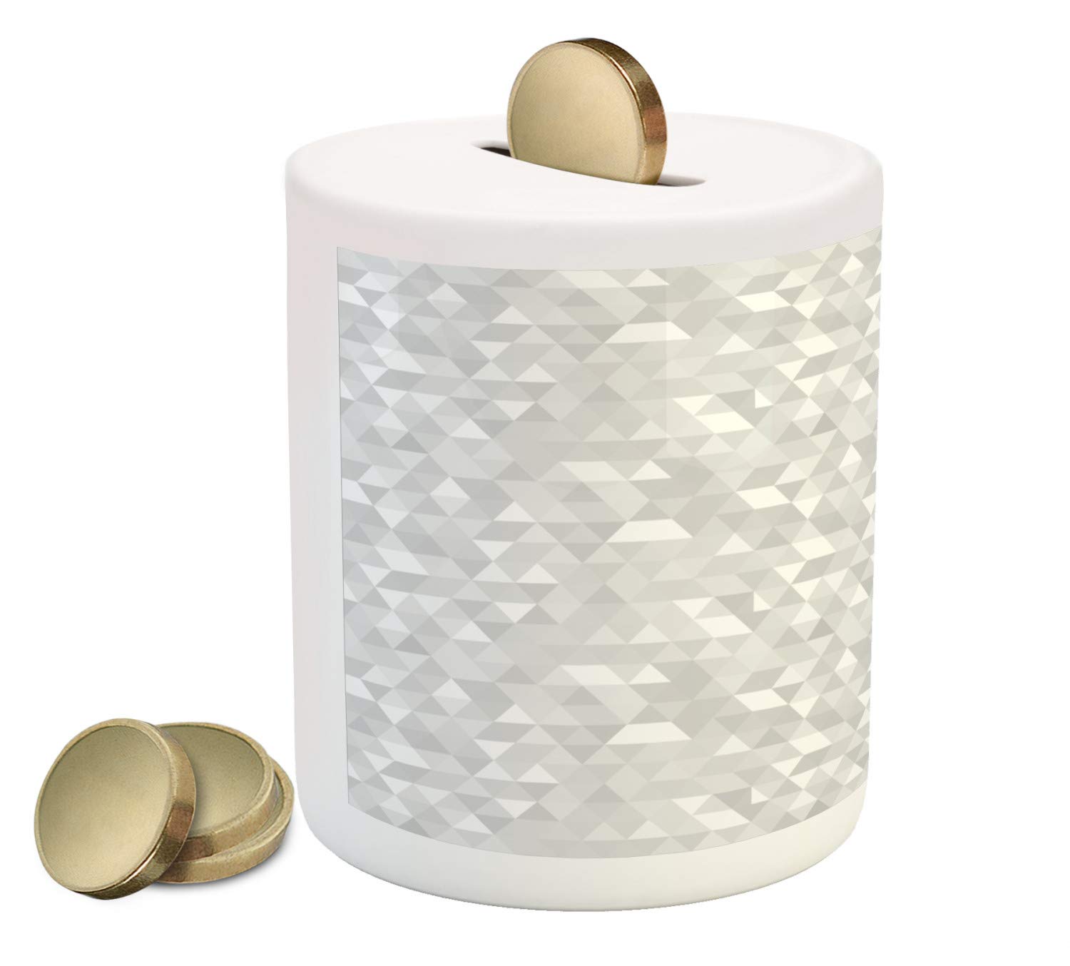 Ambesonne Ceramic Piggy Bank - Grey & White Geometric Triangle Mosaic Design for Cash Saving | Stylish Money Box for Kids, Teens & Adults | Perfect for Home, Office & Gift Giving