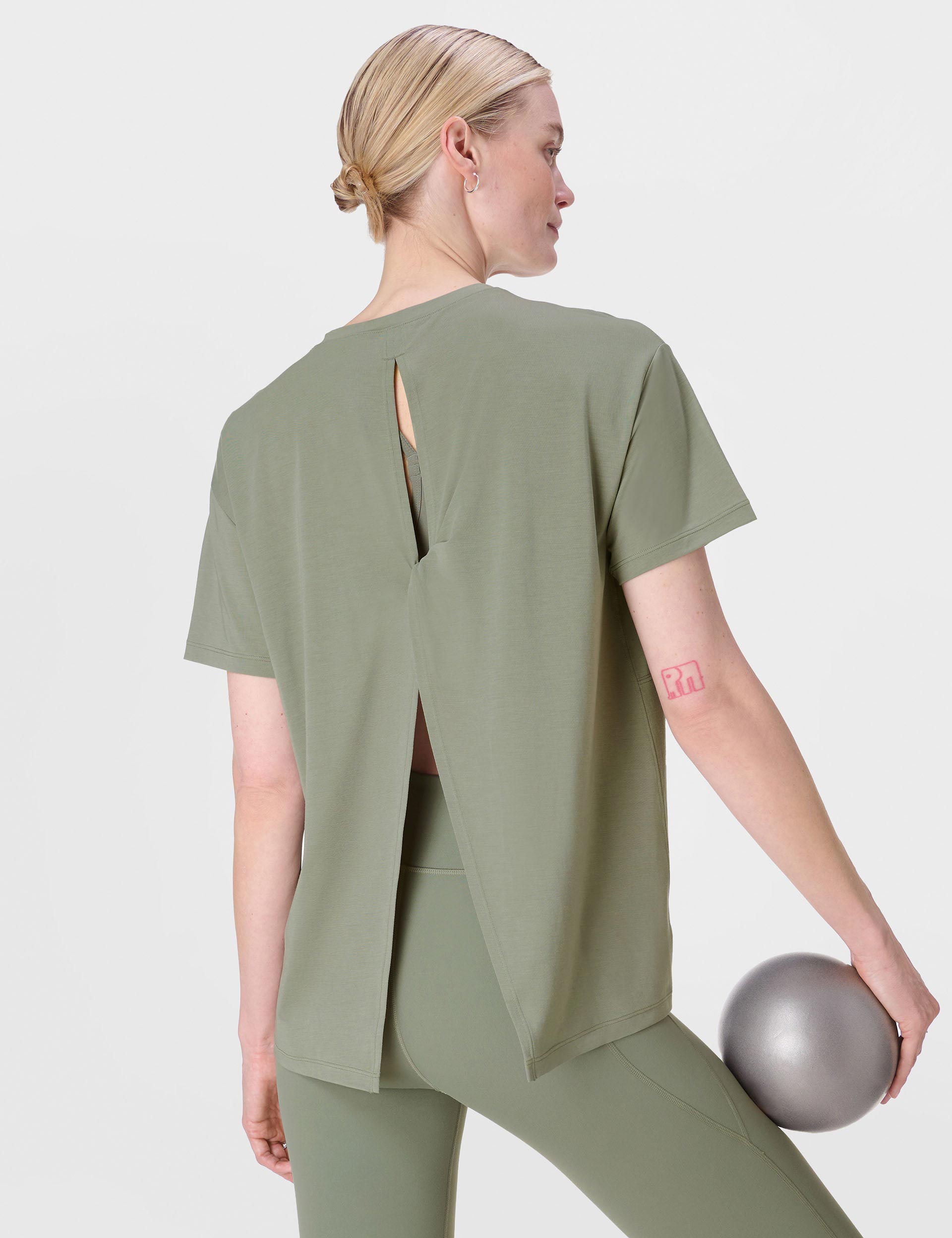 Soft Flow Studio Wrap Back T-Shirt for Women - Comfortable Willow Green Tee | Perfect for Yoga, Casual Wear & Everyday Outfits
