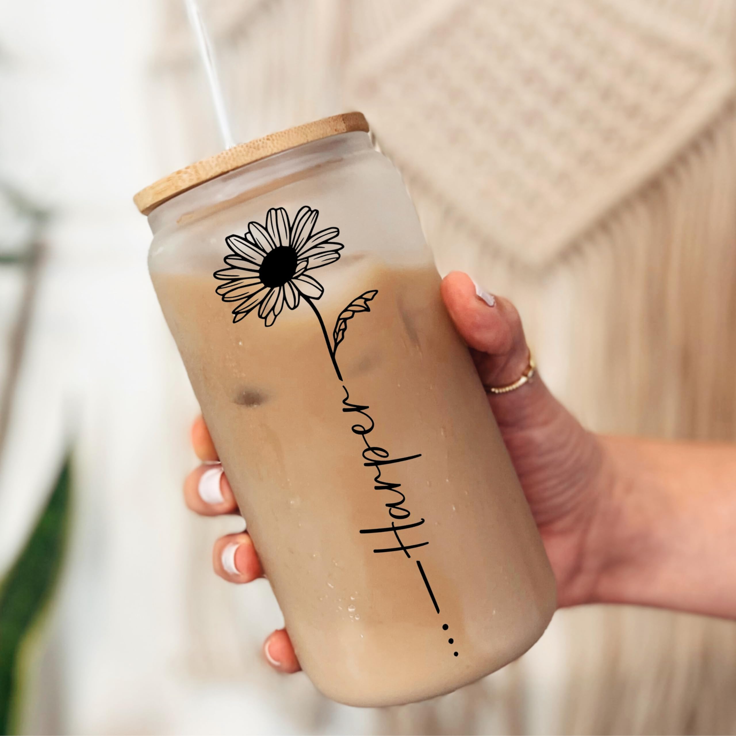 Custom Birth Month Flower Glass Tumbler with Name - Personalized Travel Cup with Lid & Straw - Unique Bridesmaid Proposal Gift - Birthday Present for Women, Mom - Perfect for Coffee, Tea & On-the-Go Hydration
