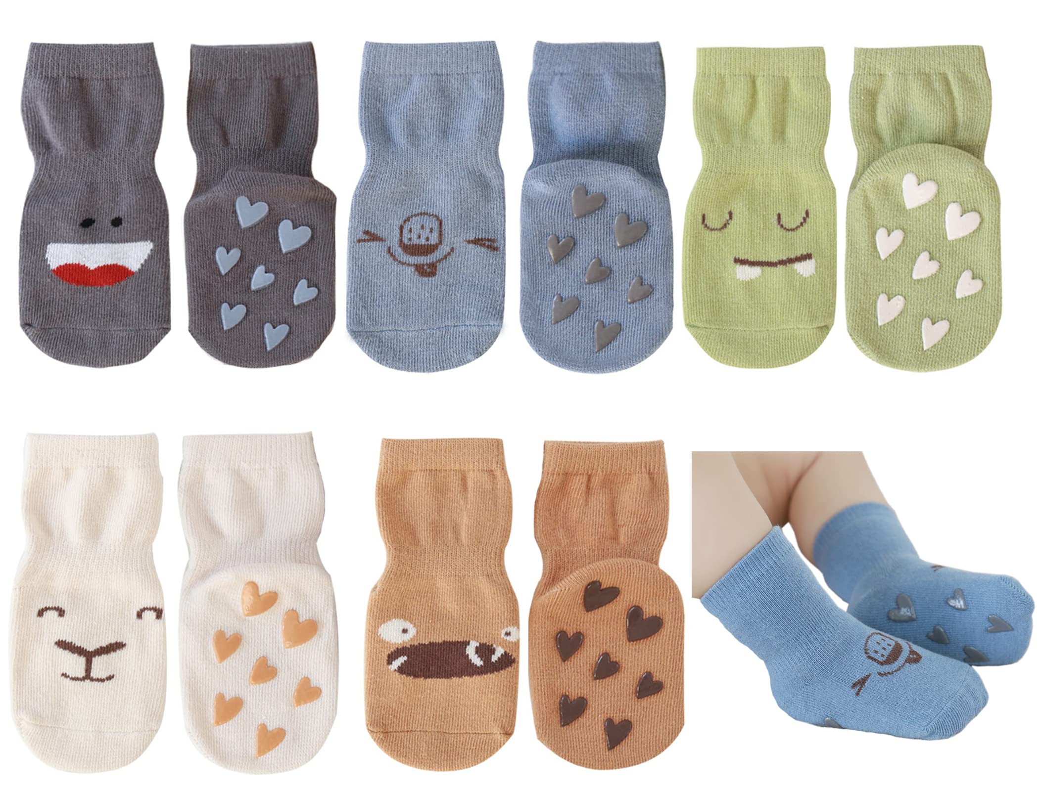 Exegawe Non-Slip Baby Socks with Grips - 5 Pairs Cute Toddler Crew Socks for Boys & Girls - Perfect for Indoor Play, Learning to Walk, and Daycare Safety