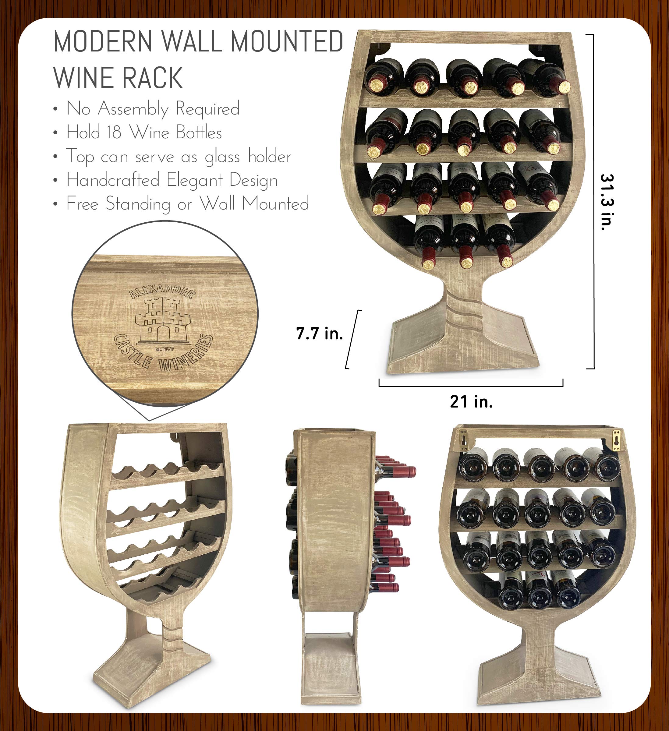 Modern Wall Mounted Wine Rack - 18 Bottle Wooden Wine Holder, Freestanding or Hanging Wine Storage Shelf Organizer for Kitchen, Dining Room, Bar, and Home Decor