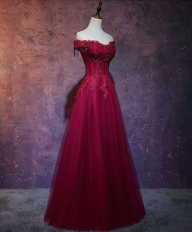Elegant Burgundy Tulle Lace Off-Shoulder Long Prom Dress for Women - Formal Evening Gown for Homecoming, Wedding, and Special Occasions