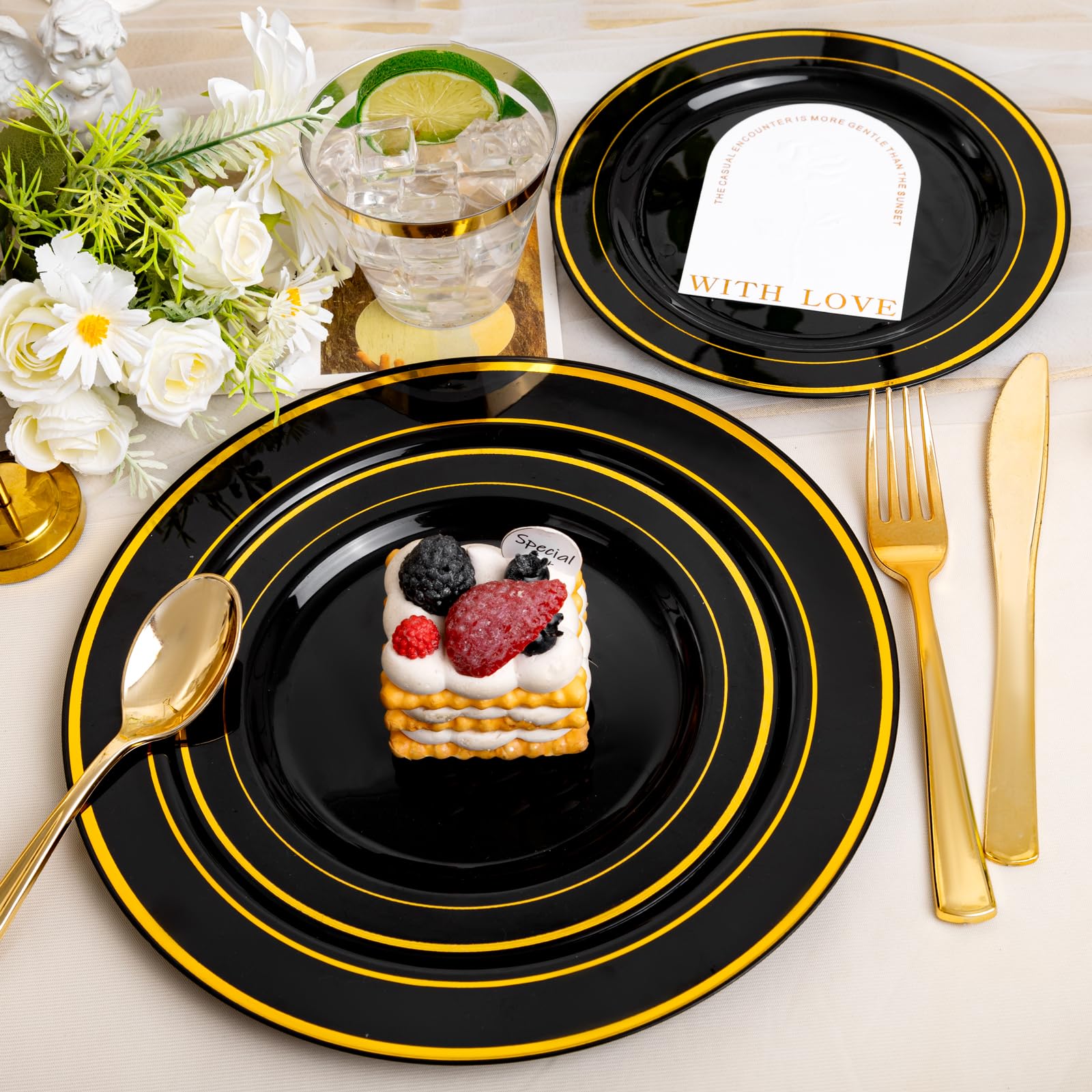 600-Piece Black and Gold Disposable Dinnerware Set - 100 Plastic Plates, 100 Dessert Plates, 100 Forks, 100 Knives, 100 Spoons & 100 Cups - Elegant Party Tableware for Weddings, Birthdays, Graduations and Special Events