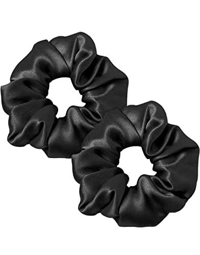 2-Pack Black Silk Scrunchies for Women - Soft Satin Hair Bands & Elastic Hair Ties - Perfect for Workouts, Office & Everyday Styling