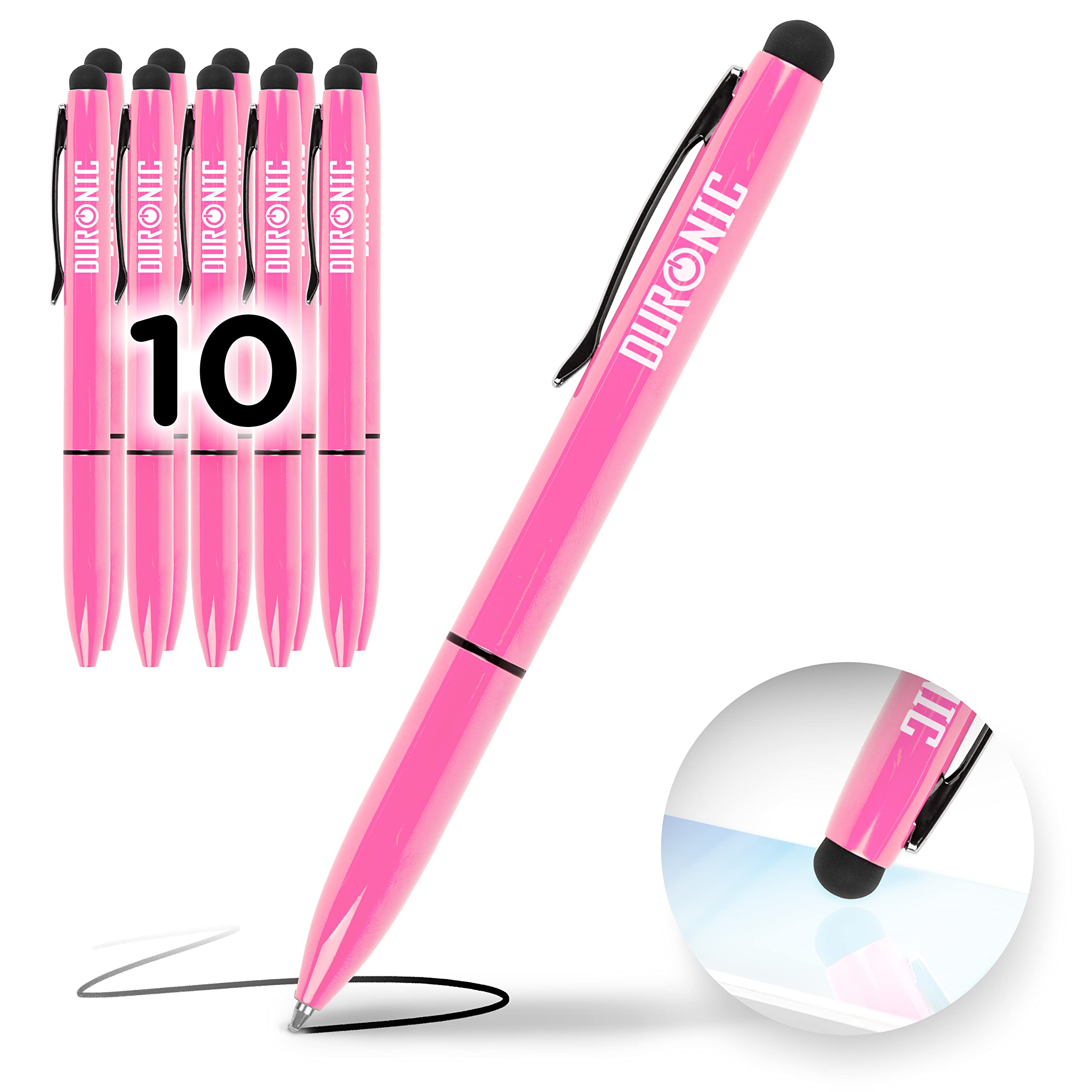 Duronic Stylus Pens IS10P - 10-Pack Pink Refillable Ballpoint & Capacitive Touch Screen Stylus 2-in-1 for iPad, Tablet, Surface, Laptop, Kindle - Perfect for Note-Taking, Drawing & Touchscreen Navigation