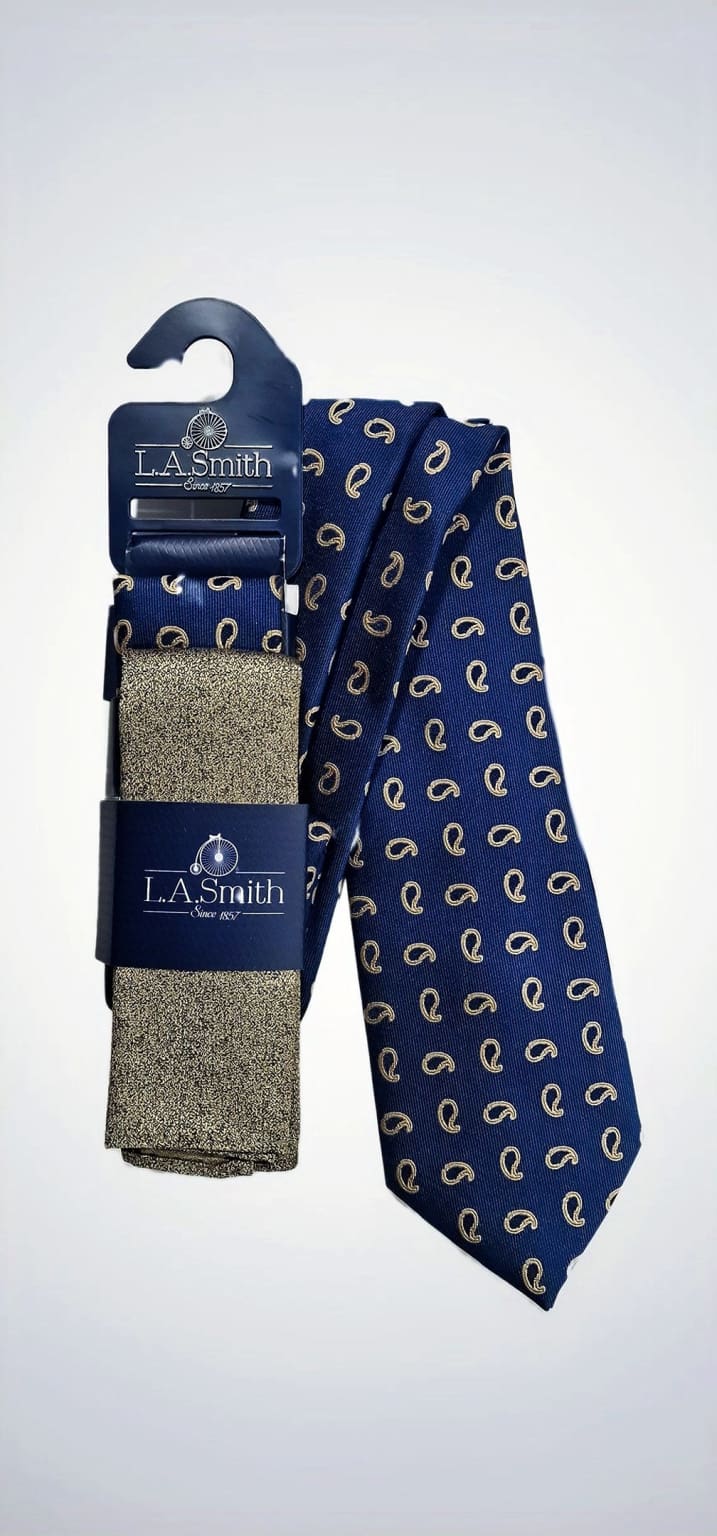 LA Smith Blue and Yellow Paisley Tie and Pocket Square Set - Premium Silk Necktie & Handkerchief Gift for Men - Perfect for Weddings, Business Meetings & Formal Occasions