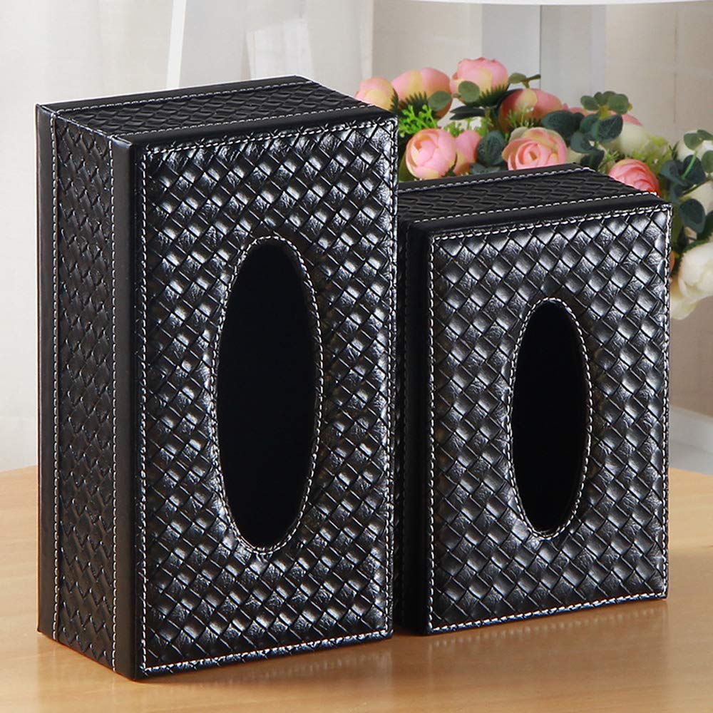 Premium Rectangular Leather Tissue Box Cover - Stylish Black Woven Facial Tissue Holder for Home, Office & Car Decor | Elegant Tabletop Decoration & Napkin Storage Solution