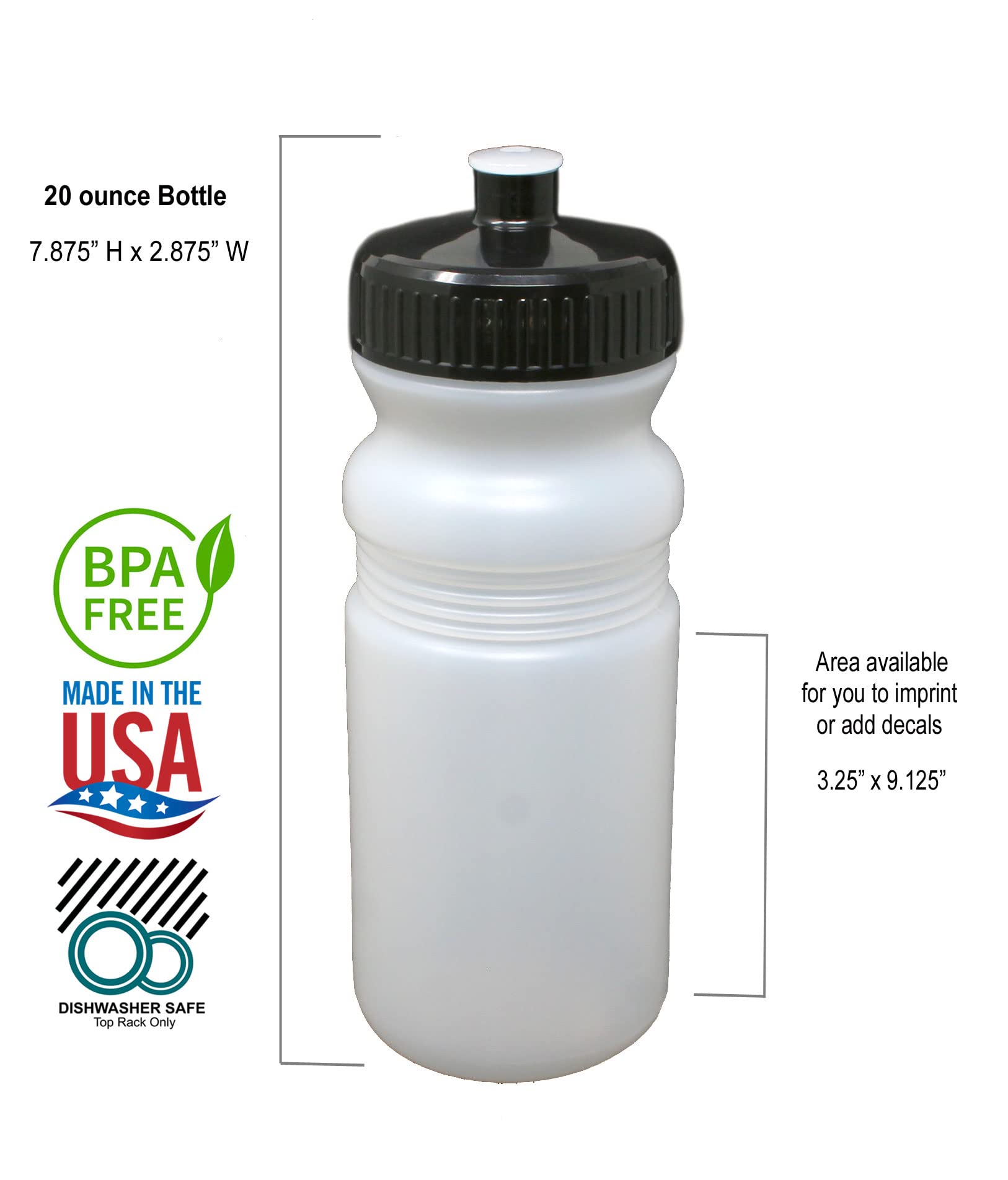 Rolling Sands 20oz BPA-Free Sports Water Bottles 100 Pack - Dishwasher Safe, Made in USA - Perfect for Gyms, Schools, Offices & Outdoor Activities