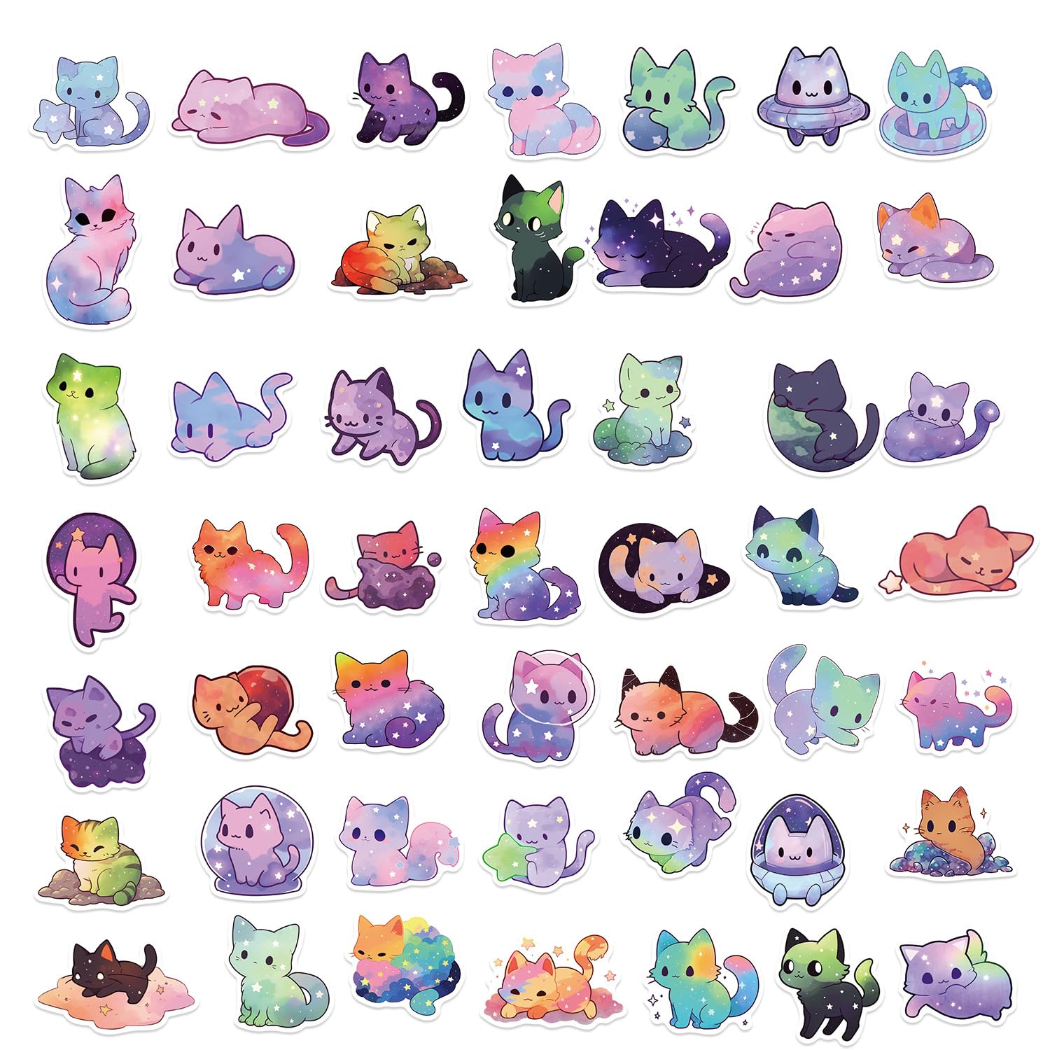 50Pcs Cartoon Space Cat Stickers - Waterproof Vinyl Kawaii Decals for Journaling, Laptop, Water Bottle & Phone Decor - Cute Aesthetic Cat Stickers for Adults & Teens - Perfect for DIY Crafts, Scrapbooking & Gift Wrapping