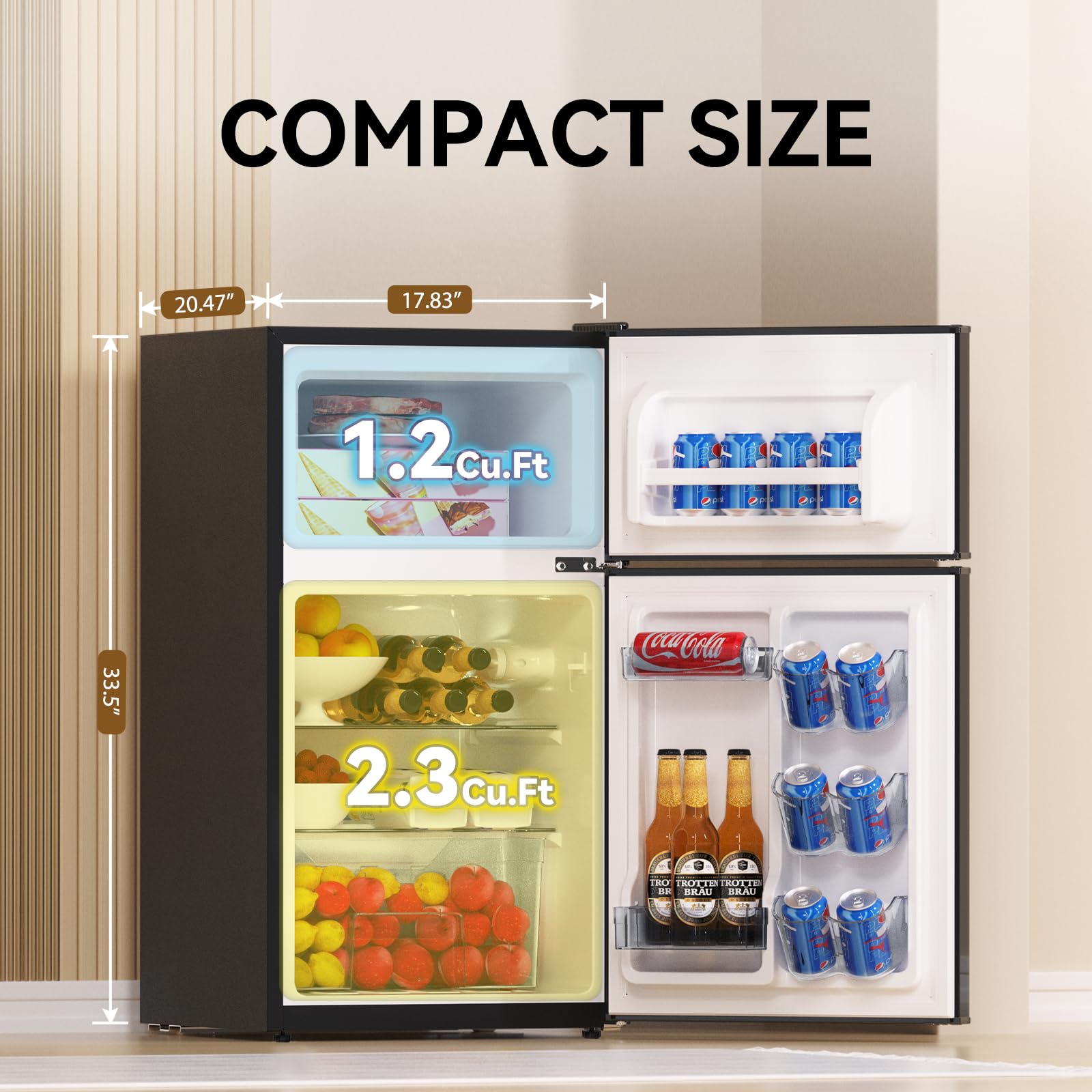 Frestec 3.5 Cu.Ft Mini Fridge with Freezer - 2 Door Compact Refrigerator for Bedroom, Dorm, Office - Ultra Quiet 37dB Black Drink Cooler - Perfect for Snacks, Beverages, Cosmetics & Small Space Storage