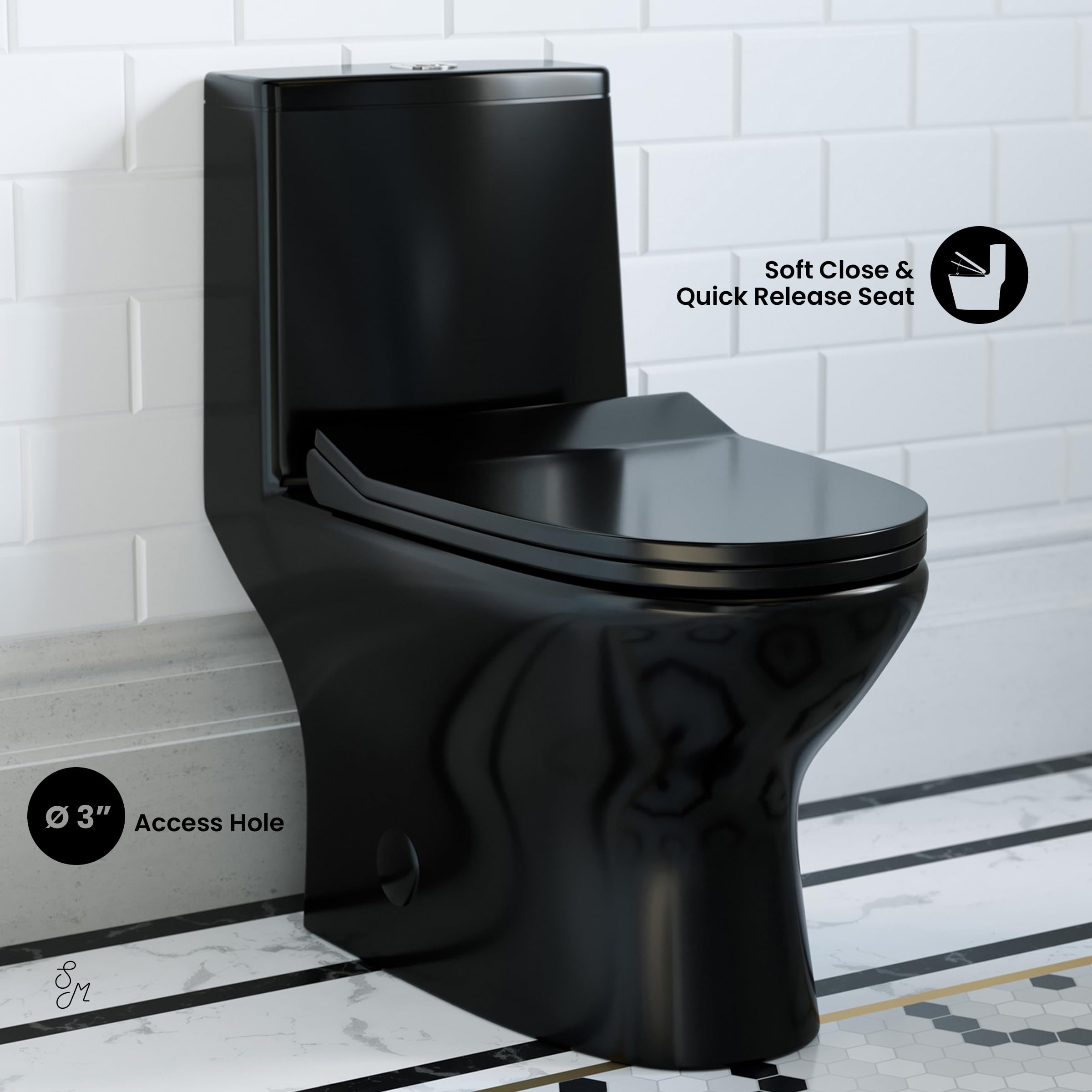 High-Efficiency Ivy One Piece Toilet with Dual Vortex Flush - 1.1/1.6 GPF Water Saving, Glossy Black - Perfect for Modern Bathrooms & Eco-Friendly Homes