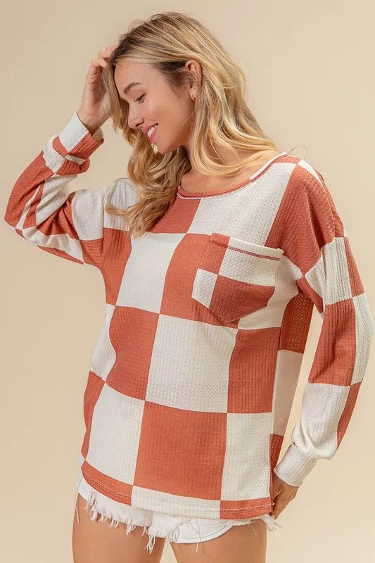 BiBi Checker Printed Hacci Top With Front Pocket - Stylish Women's Casual Knit Sweater for Fall & Winter | Perfect for Office, Date Night & Weekend Outings