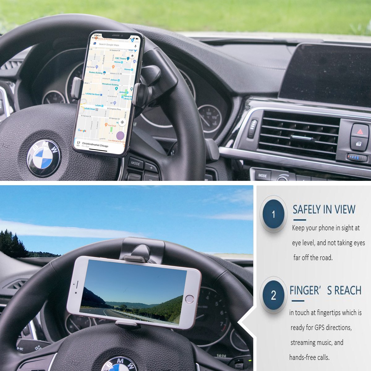 3-in-1 Universal Car Phone Holder - Steering Wheel, Air Vent & Rearview Mirror Mount for Smartphones & GPS (Black) | Perfect for Hands-Free Driving, Navigation & Road Trips