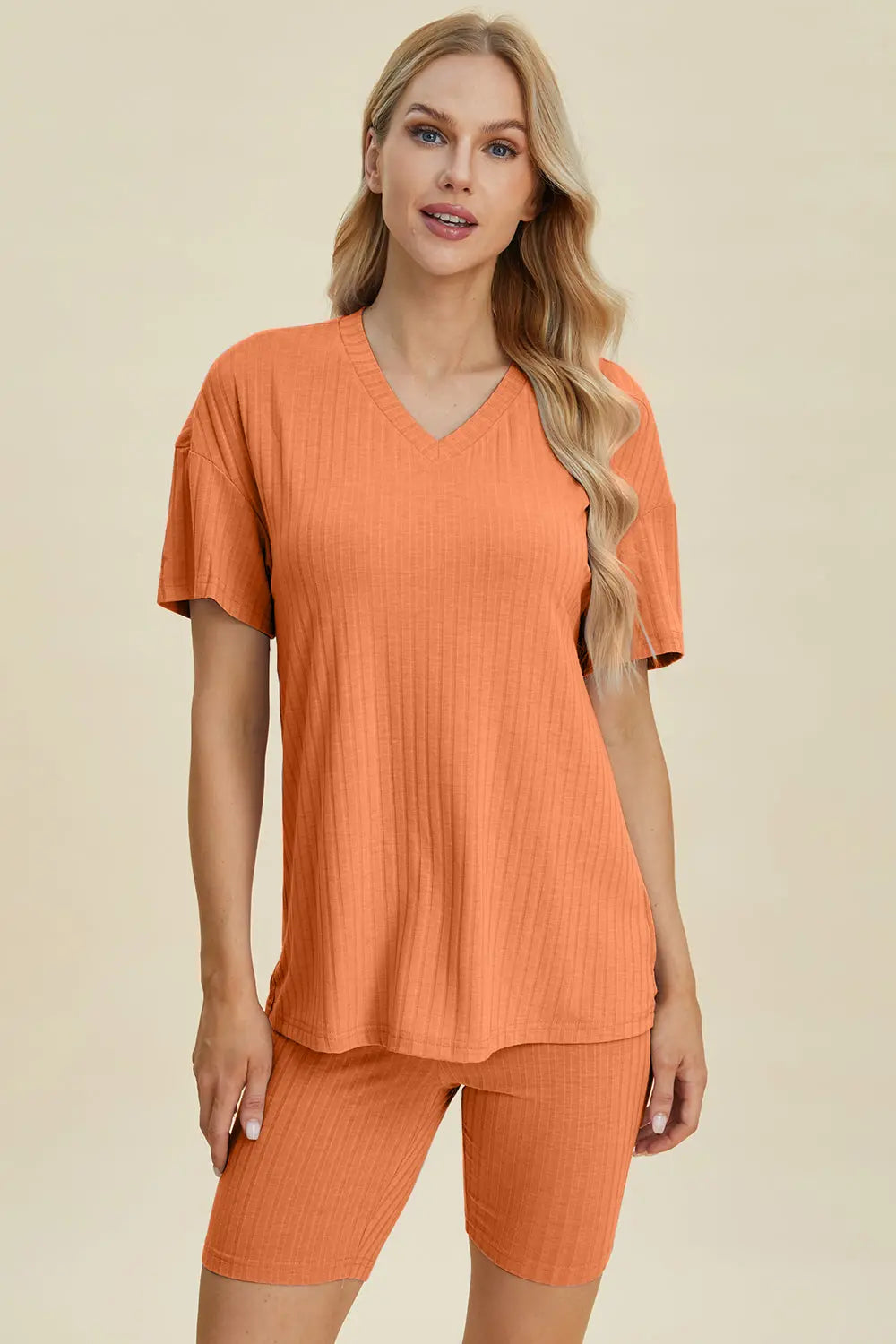 Basic Bae Full Size Ribbed V Neck Short Sleeve Top and Shorts Set - Women's Casual Summer Outfit for Beach, Lounge & Everyday Wear
