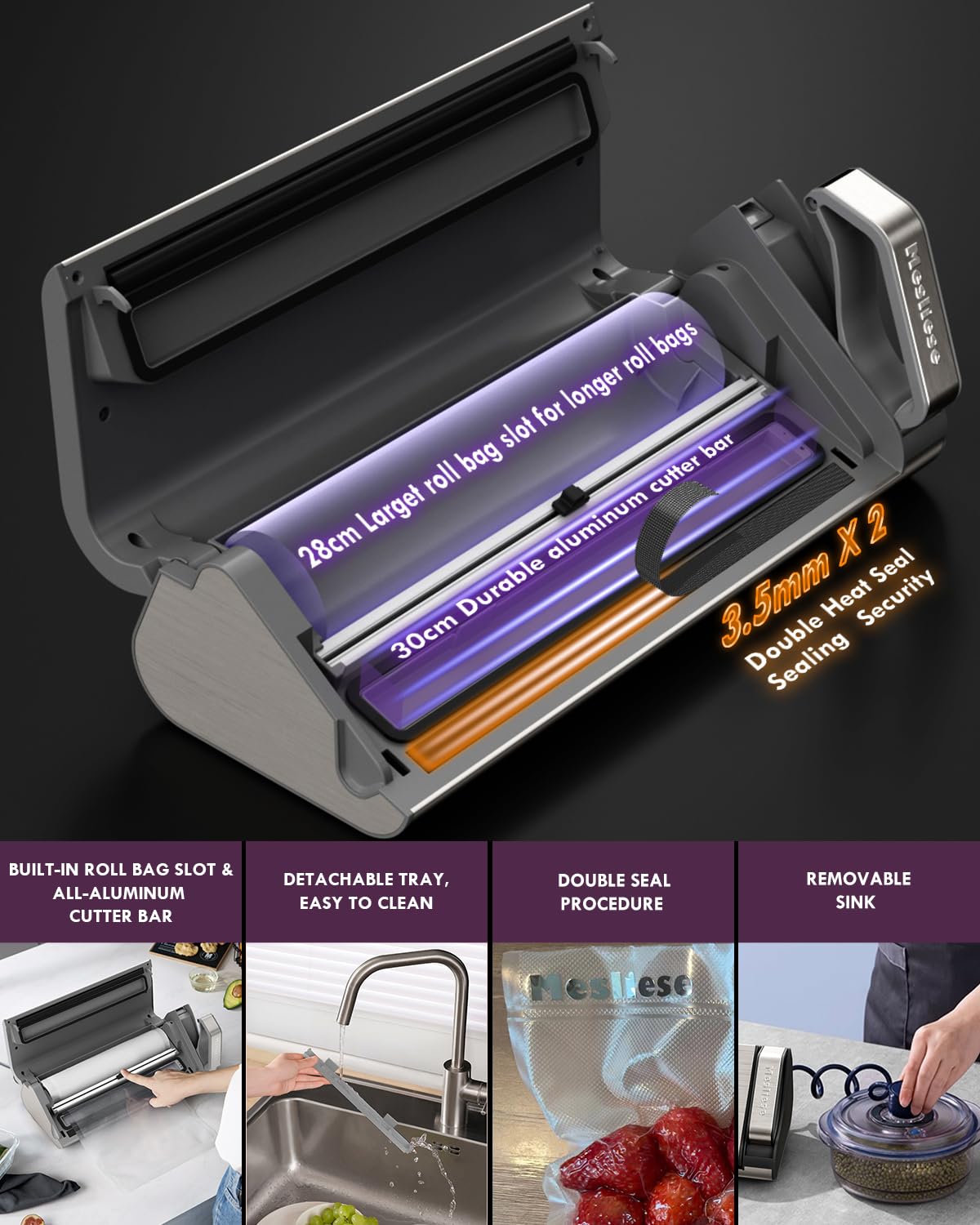**Vacuum Sealer Machine 95kPa 140W - One-Hand Operation Food Sealer with Double Seal Strip, Built-in Cutter & Countdown Display - Includes 2 Bag Rolls & 5 Pre-cut Bags - PULSE & Marinate Modes - Perfect for Meal Prep, Sous Vide & Food Storage**