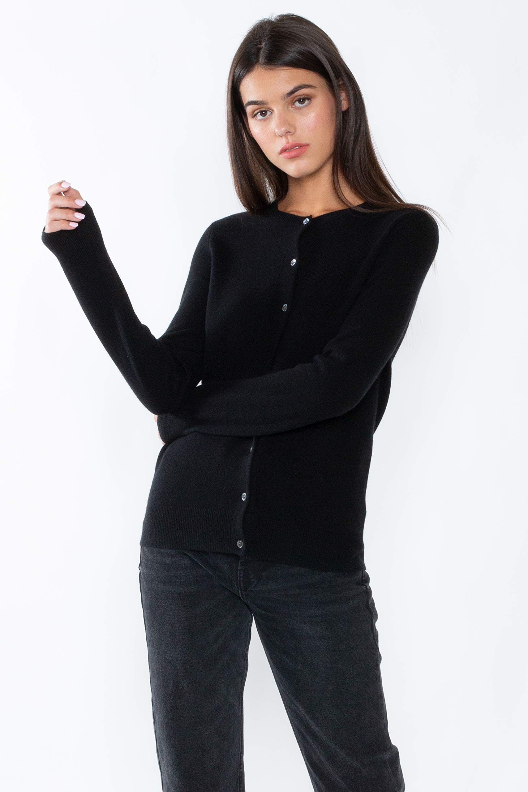JENNIE LIU Women's 100% Pure Cashmere Button-Up Long Sleeve Crewneck Cardigan Sweater | Soft Warm Winter Knitwear for Office, Date Night & Casual Outfits