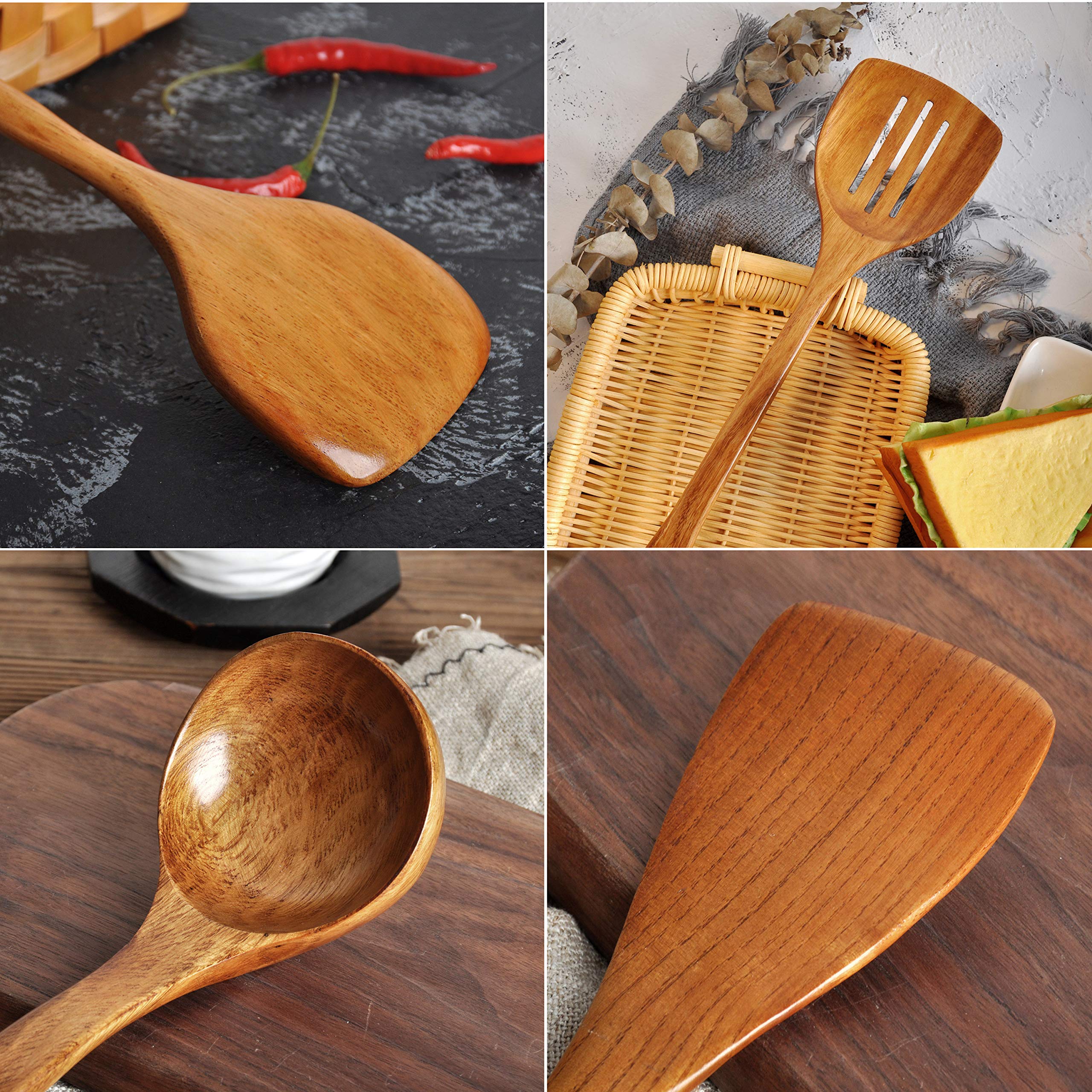 **Premium Wooden Kitchen Utensil Set - 4-Piece Handcrafted Spatula, Slotted Turner, Soup Ladle & Long Handle Tools for Cooking, Baking & Serving | Eco-Friendly & Durable Cookware Essentials**    *(Ideal for Home Chefs, Camping, BBQ, Restaurants & Everyday Kitchen Use)*