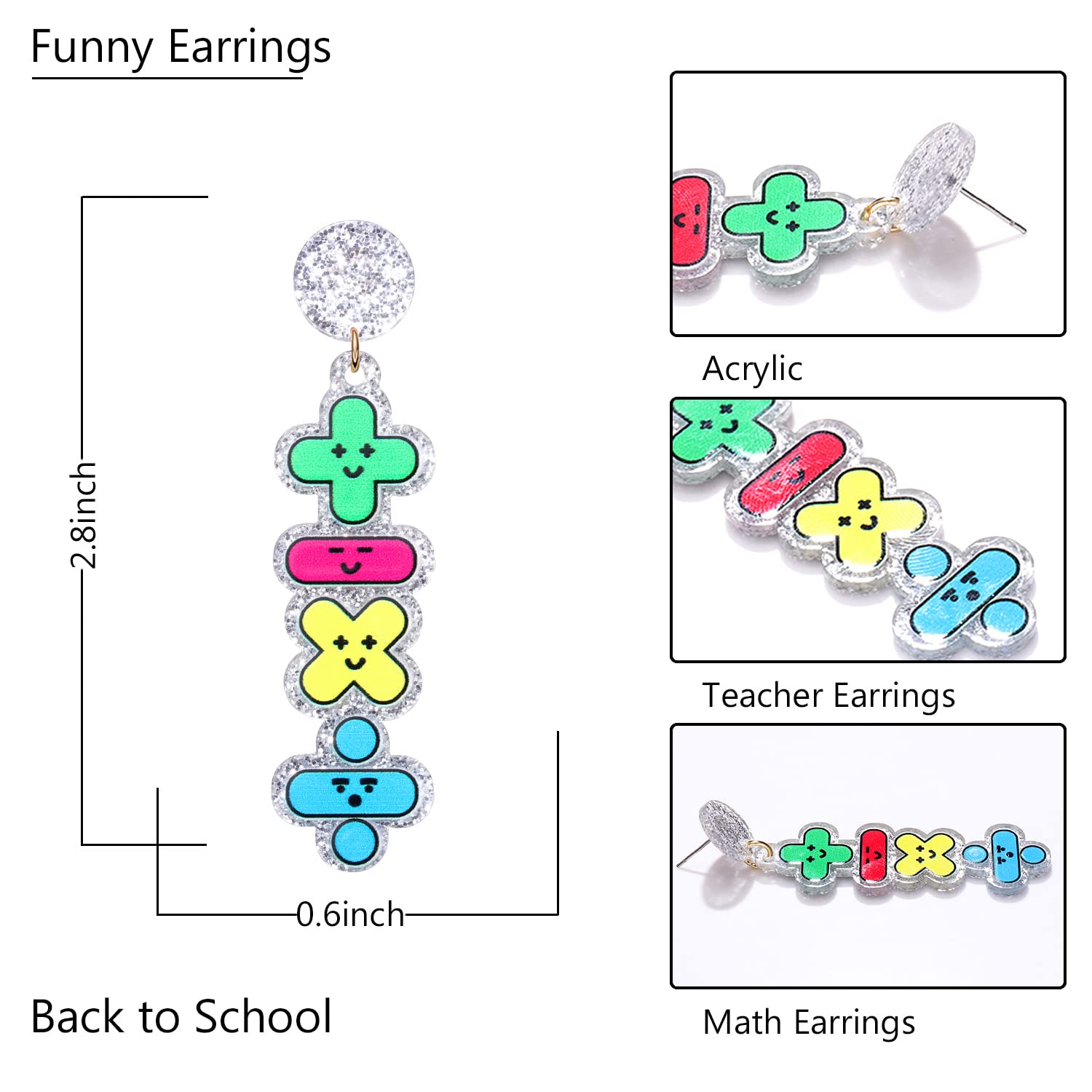 Funny Teacher Earrings for Women - Colorful Acrylic Apple & Books Drop Dangle Earrings - Cute Math Teacher Jewelry - Perfect for Teacher Appreciation Day, Back to School Gifts & Everyday Wear
