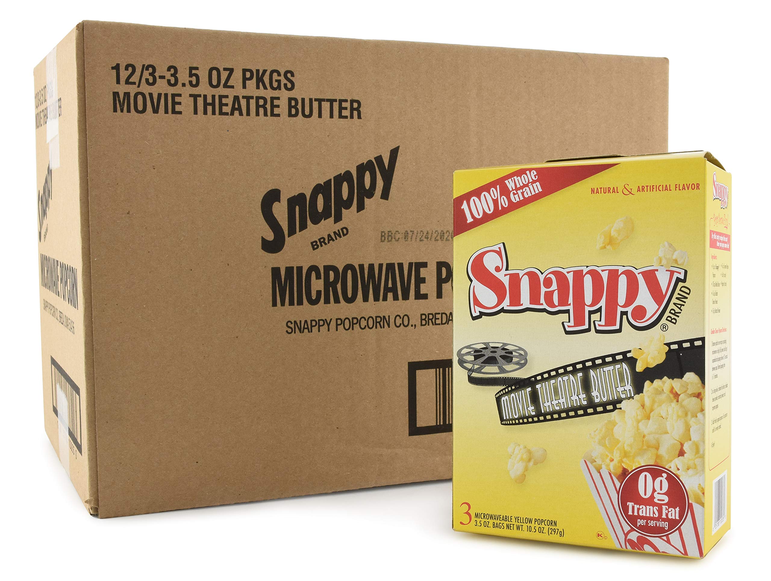 Snappy Movie Theater Butter Microwave Popcorn - 3.5 oz (36 Pack, 12-3 Packs) | Authentic Buttery Flavor for Home Movie Nights, Parties & Snack Time