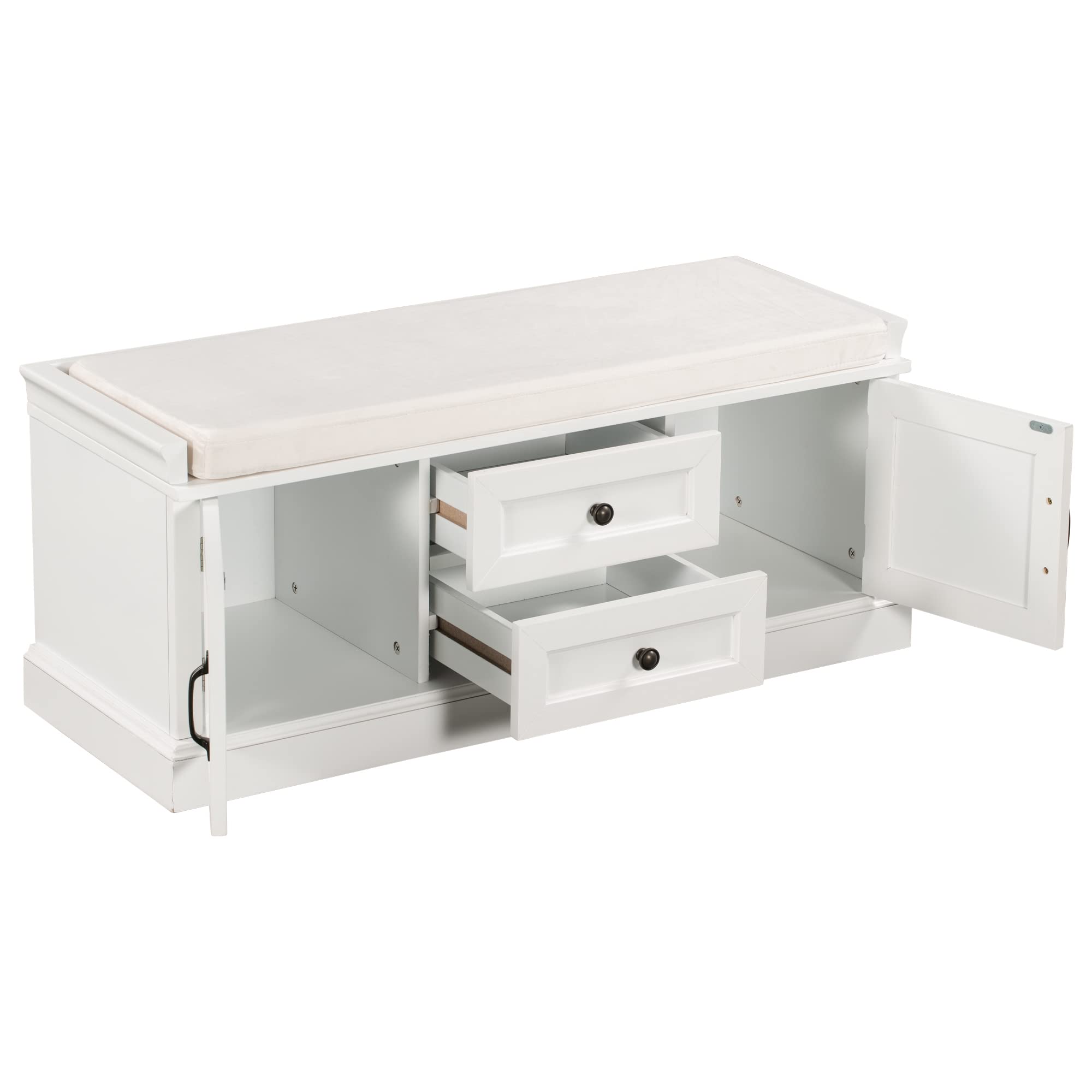 White Solid Wood Storage Ottoman Bench with 2 Drawers & 2 Cabinets - Entryway Shoe Bench with Removable Cushions for Living Room, Bedroom & Hallway Organization | Multi-Functional Furniture for Home Decor & Storage Solutions