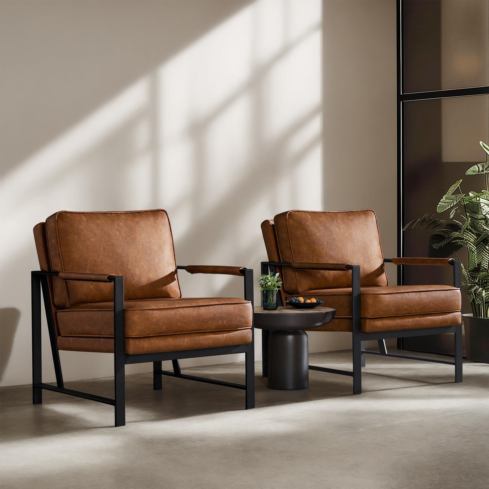 Yaheetech PU Leather Armchairs Set of 2, Retro Modern Accent Chairs with Soft Padded Seat & 105° Reclined Backrest - Light Brown Lounge Chairs for Living Room, Office, Bedroom or Study - Perfect for Reading, Relaxing & Home Decor