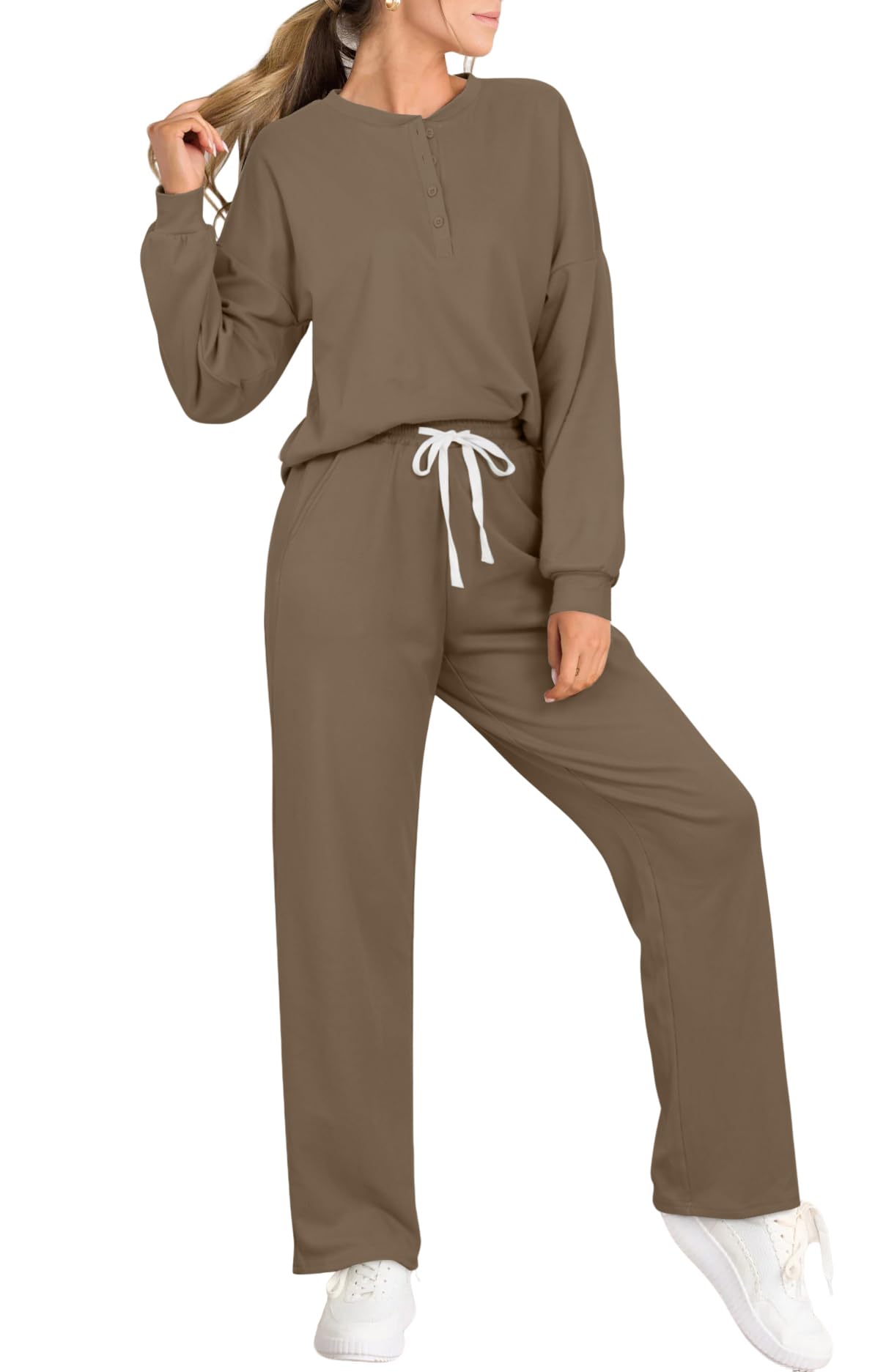 AGSEEM Women's 2-Piece Lounge Set - Quarter Button Long Sleeve Crewneck Pajama Set with Pockets | Cozy Winter Loungewear for Home Relaxation & Sleepwear