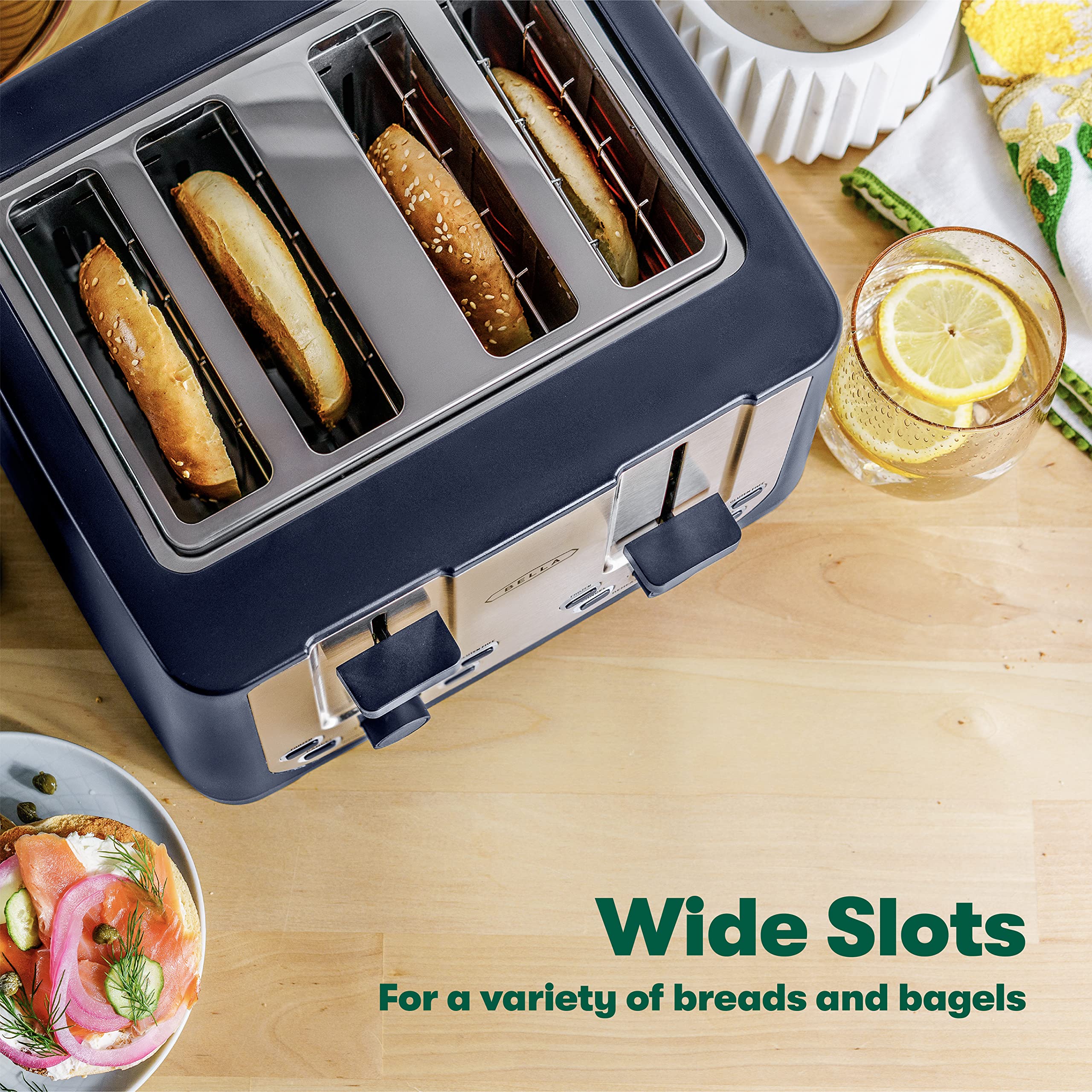 BELLA 4 Slice Toaster with Auto Shut Off - Extra Wide Slots for Bagels & Thick Bread, Removable Crumb Tray, Cancel/Defrost/Reheat Functions - Perfect for Breakfast, Kitchen & Office Use (Blue)