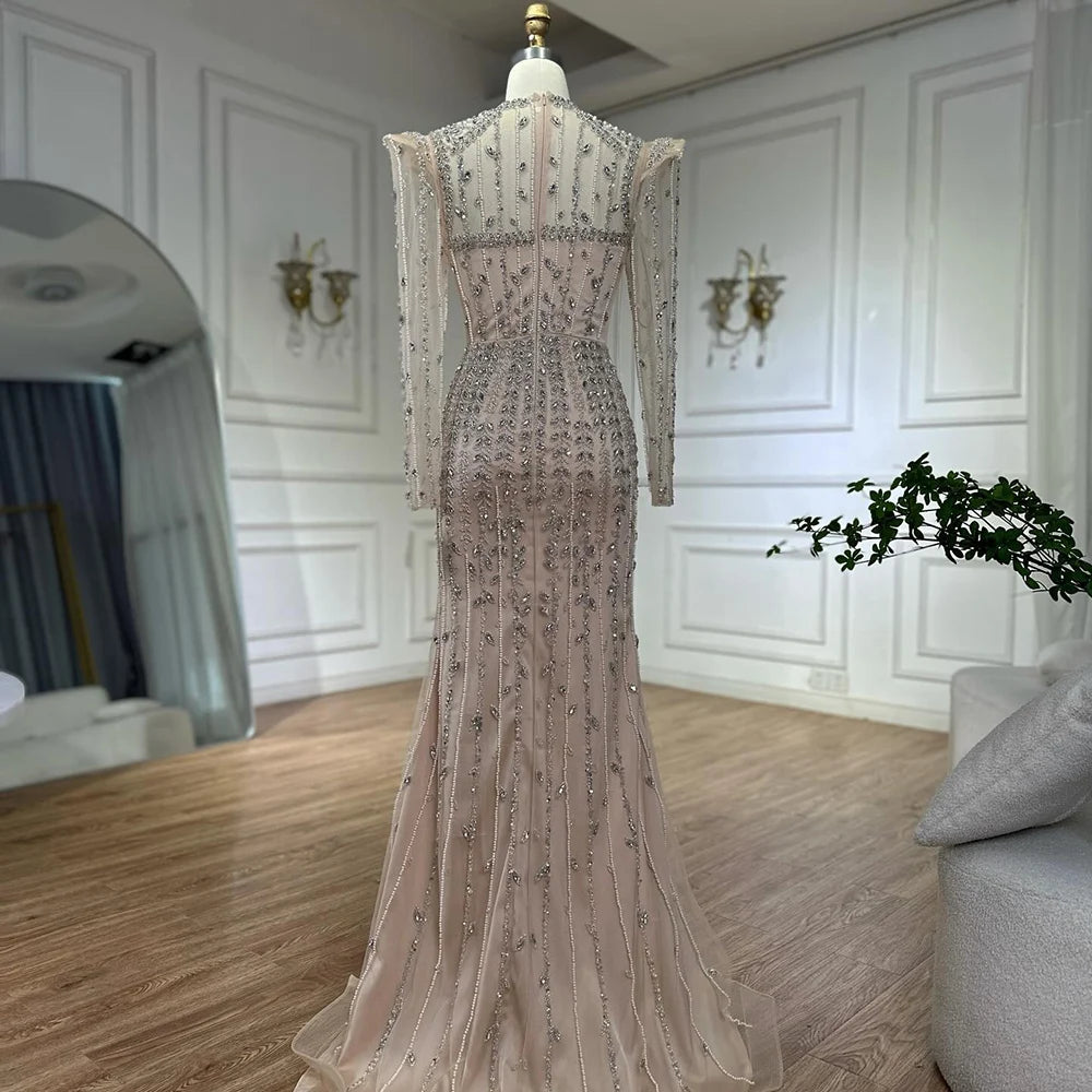 Elegant Dubai Pink Mermaid Evening Gown with Pearl Beading - Arabic Formal Dress for Women - Perfect for Weddings, Galas & Special Occasions - LA72826